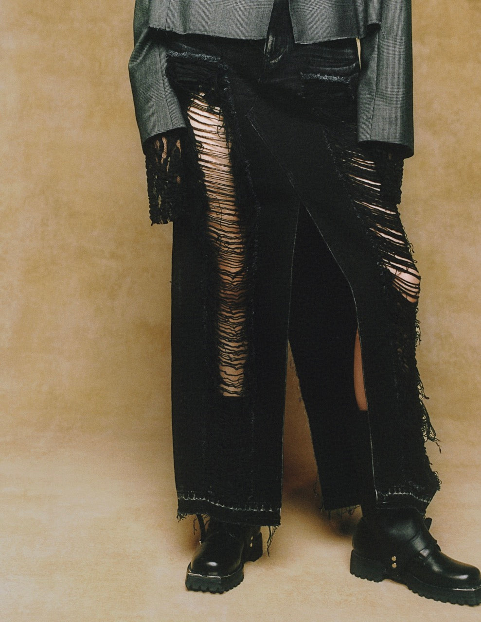 WASHED DENIM RIPPED LONG SKIRT