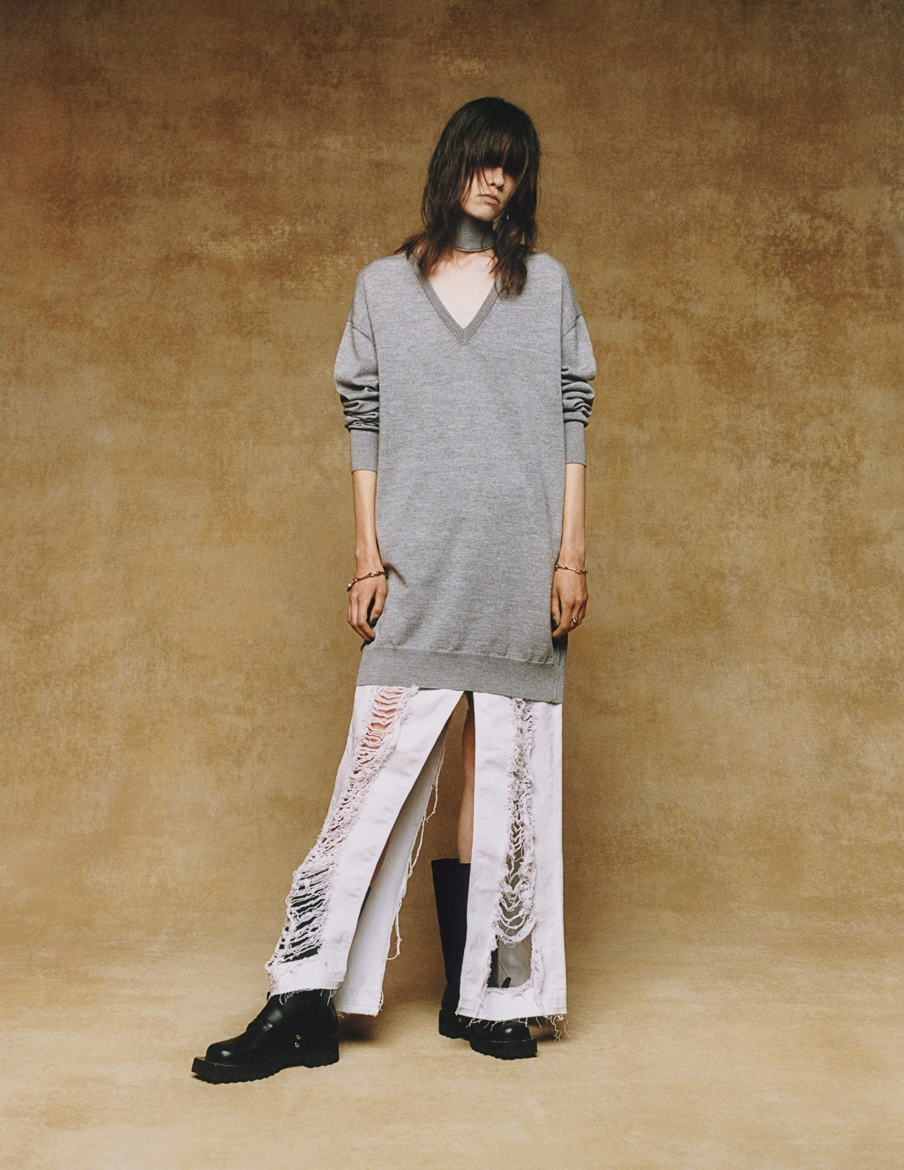 WASHED DENIM RIPPED LONG SKIRT