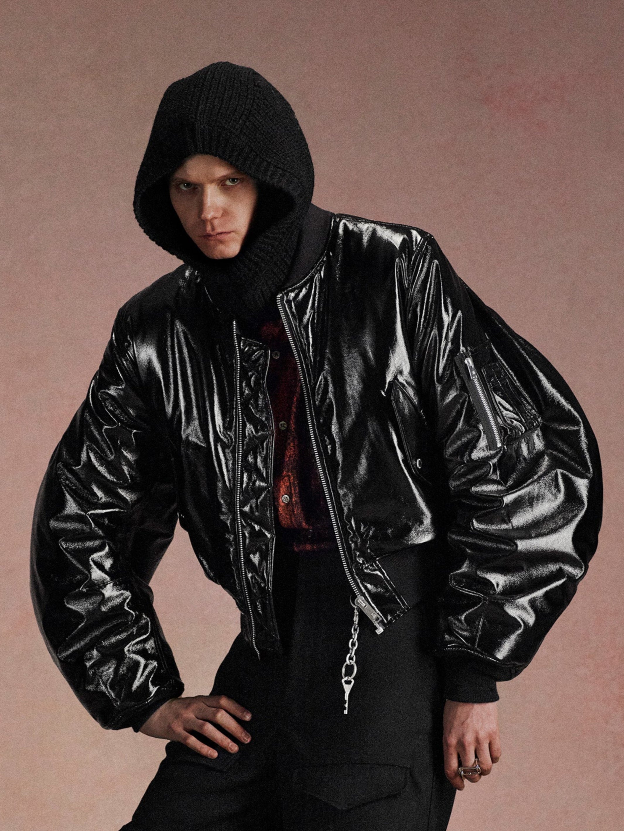 PATENT MASSIVE ROUNDED SLEEVE BOMBER JACKET