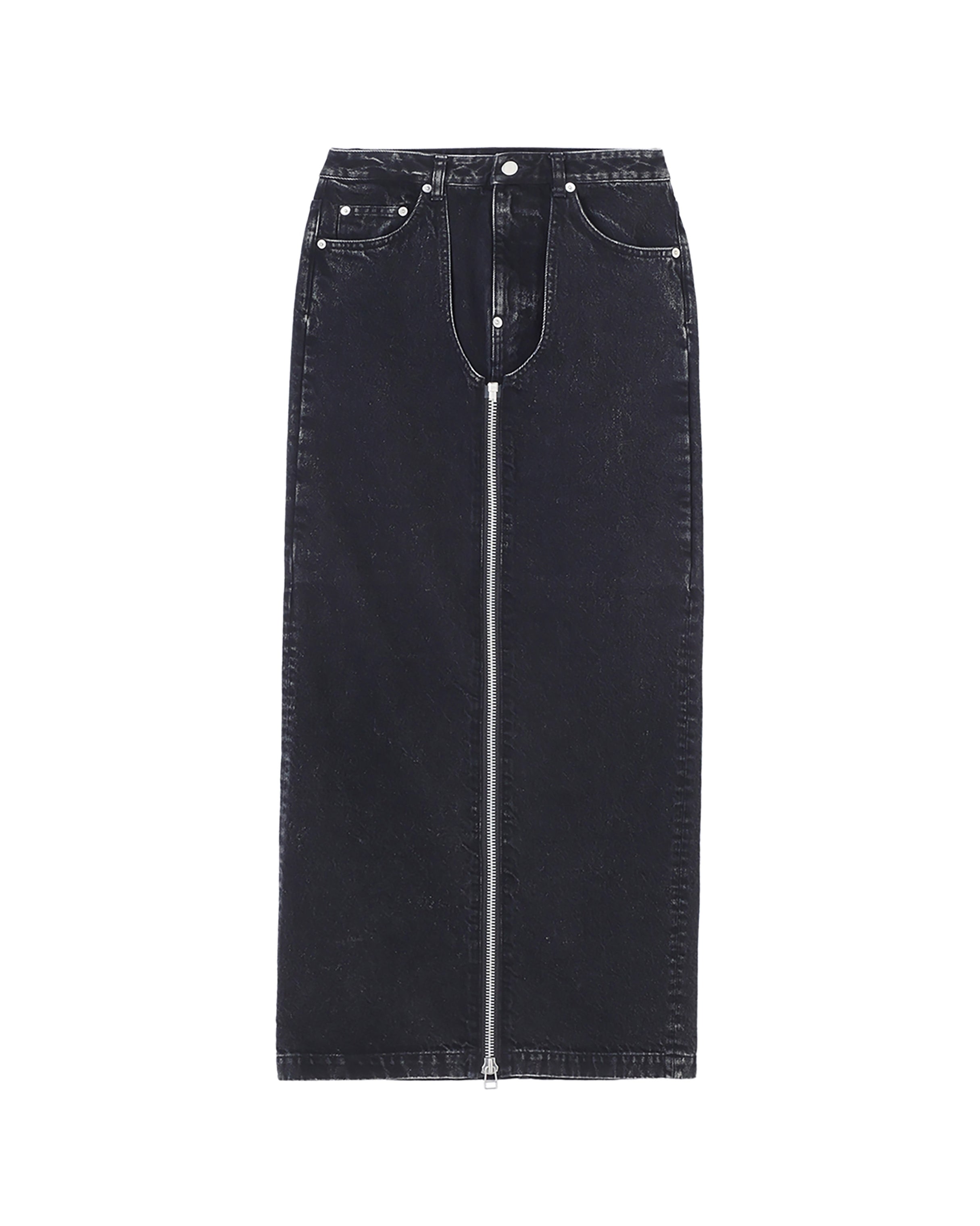 WASHED DENIM ZIPPED LONG SKIRT