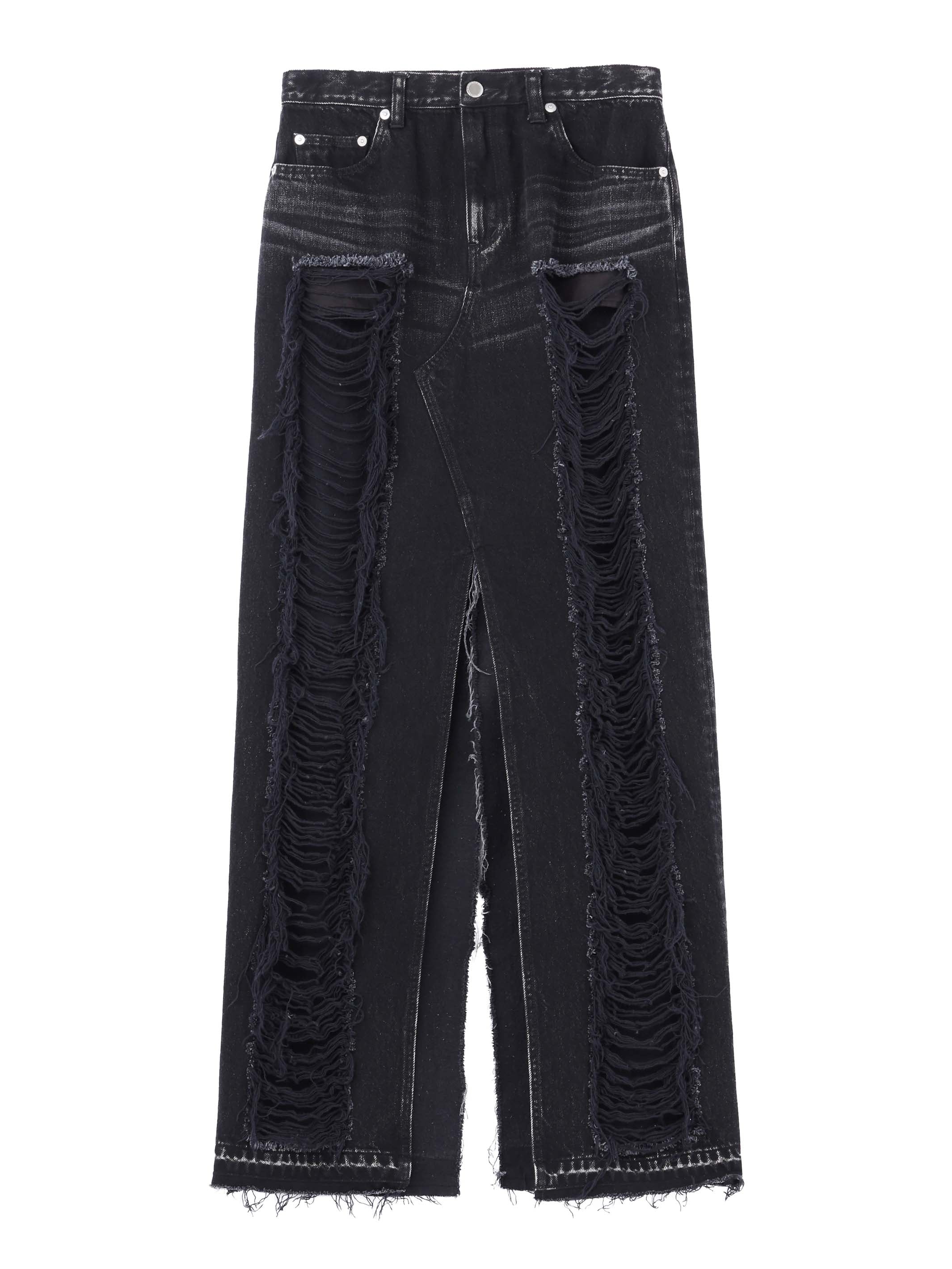 WASHED DENIM RIPPED LONG SKIRT