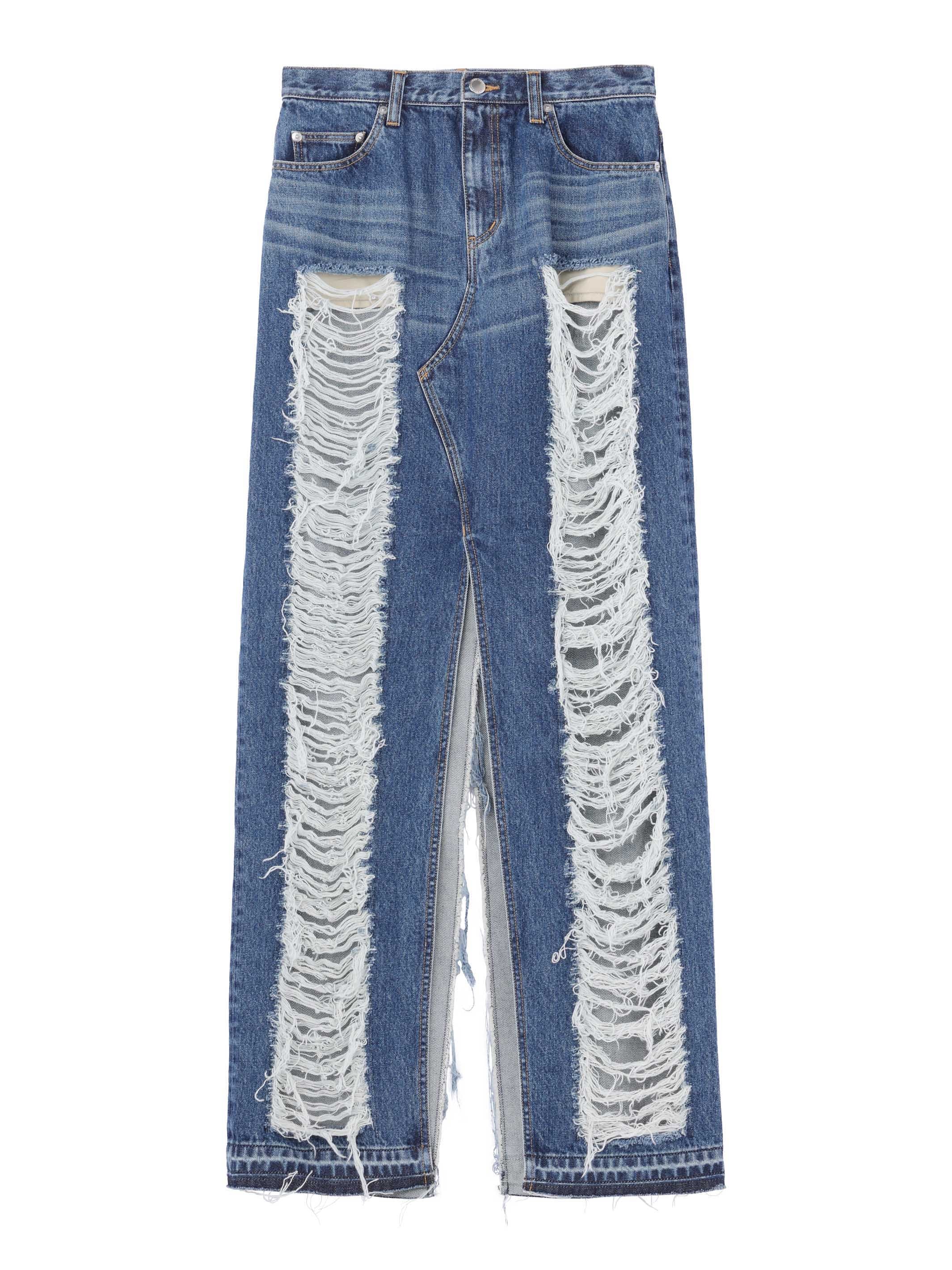 WASHED DENIM RIPPED LONG SKIRT