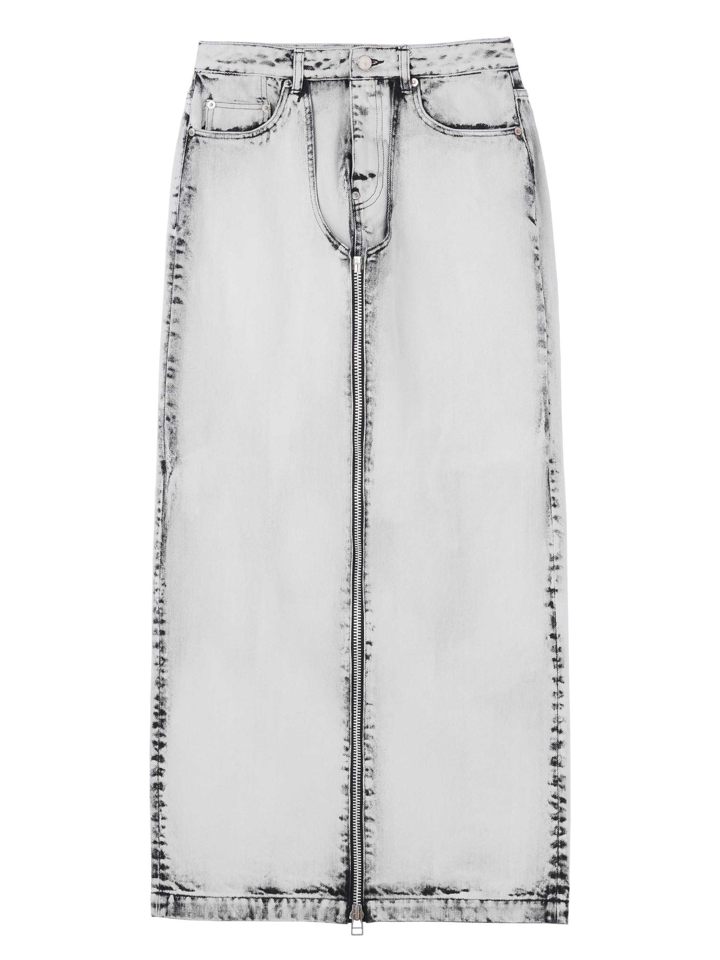 Bleached denim zipped long skirt