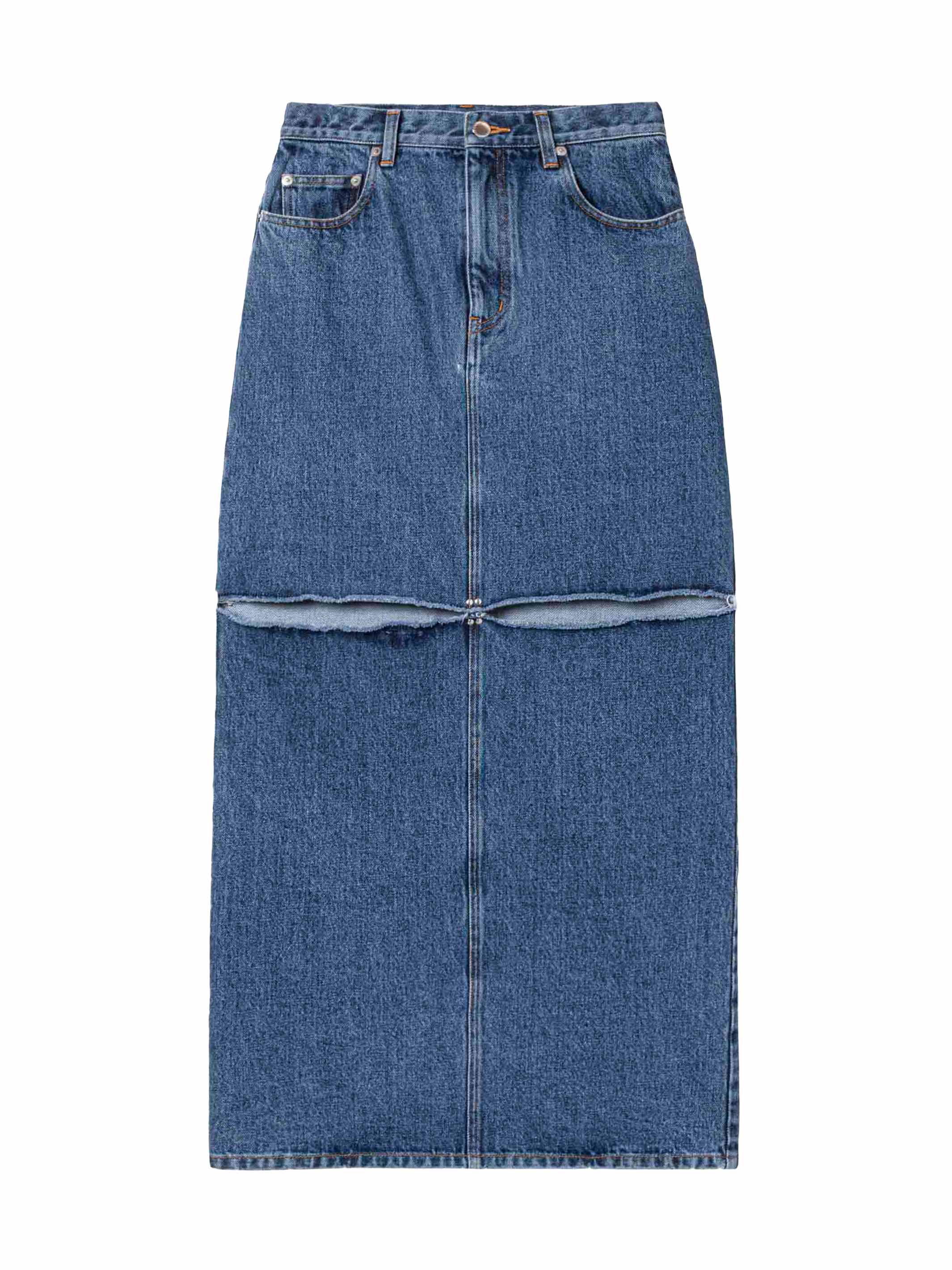 WASHED DENIM CUT-OFF SKIRT