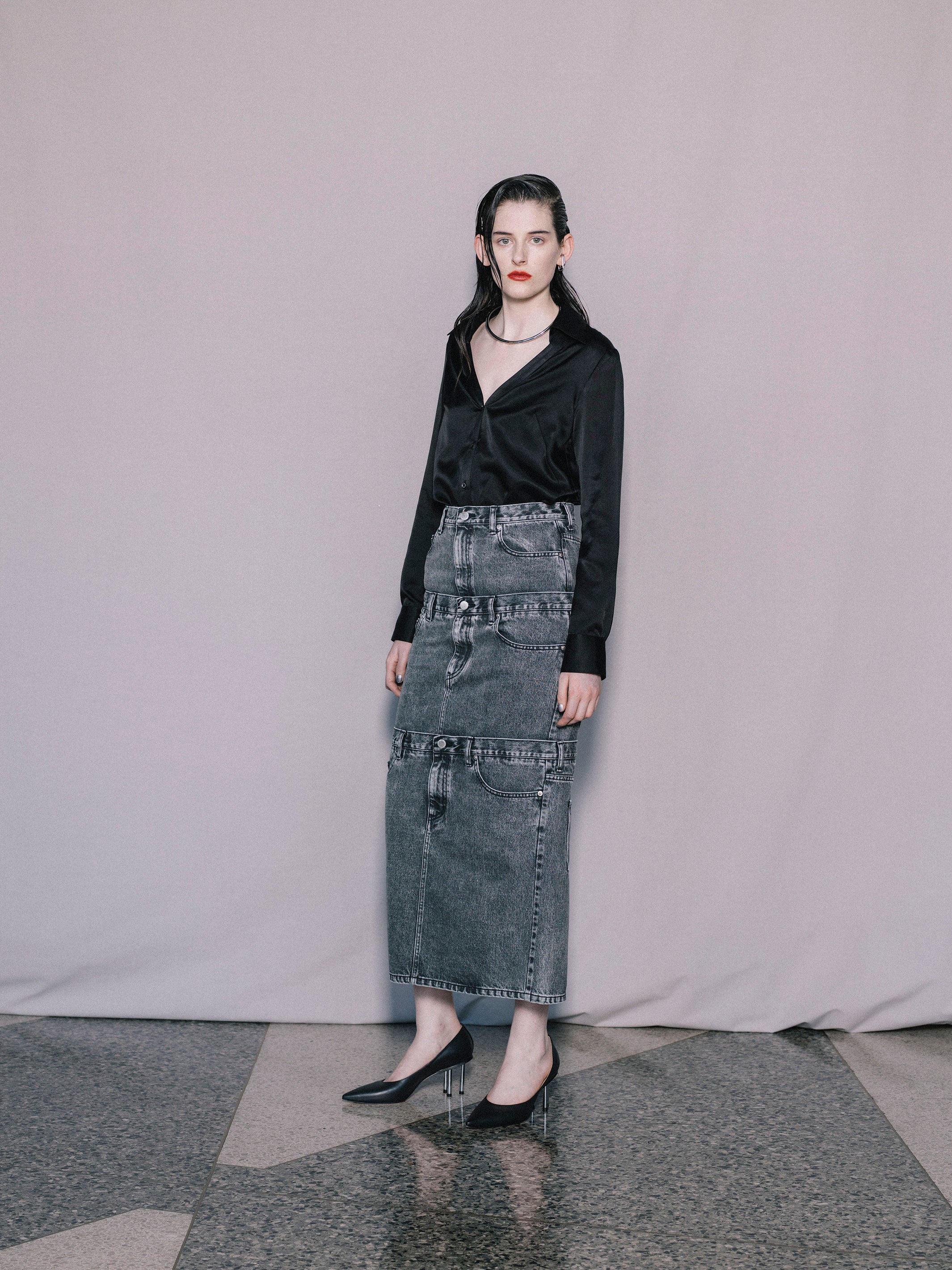 WASHED DENIM STACKED SKIRT