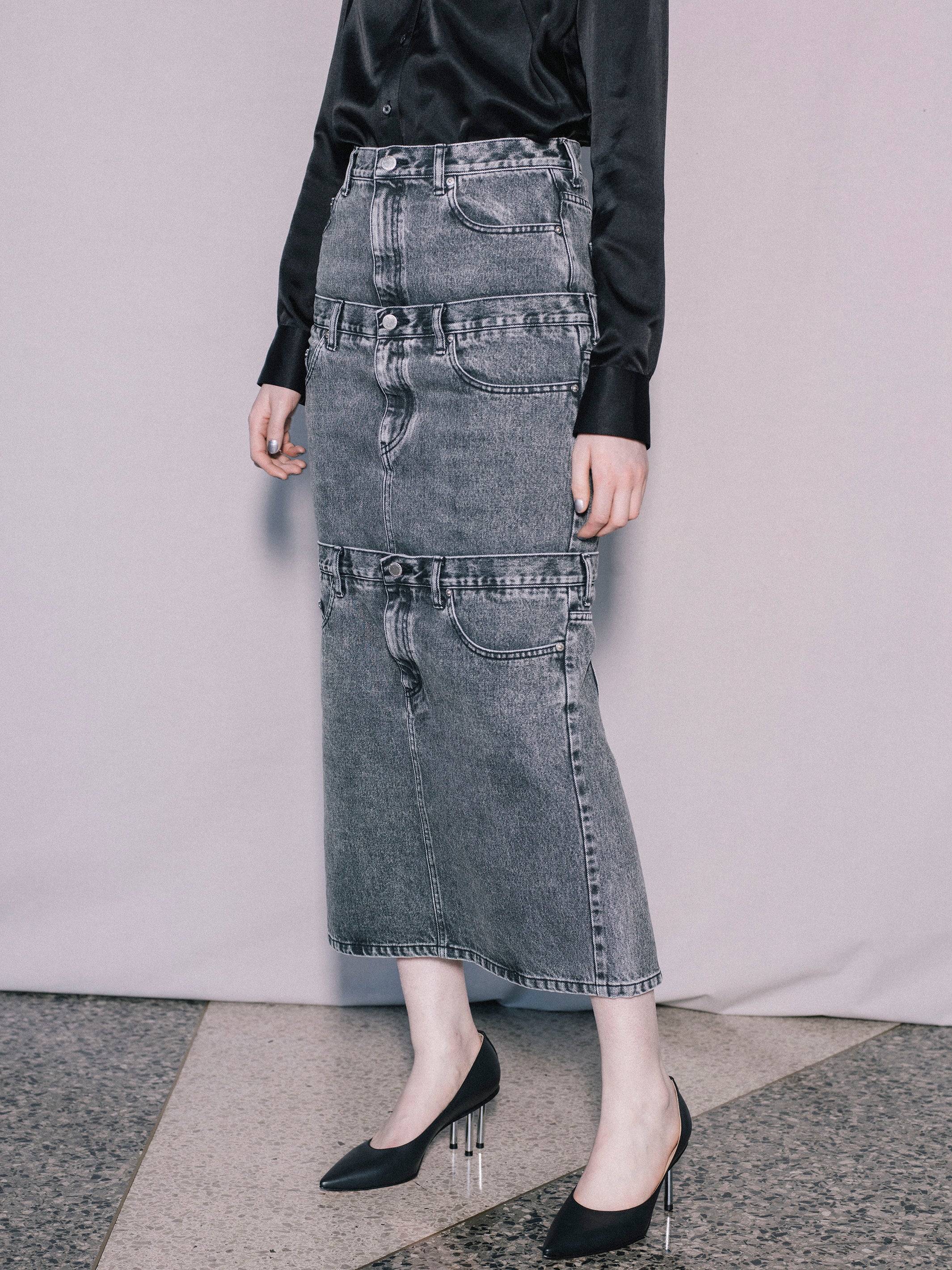 WASHED DENIM STACKED SKIRT