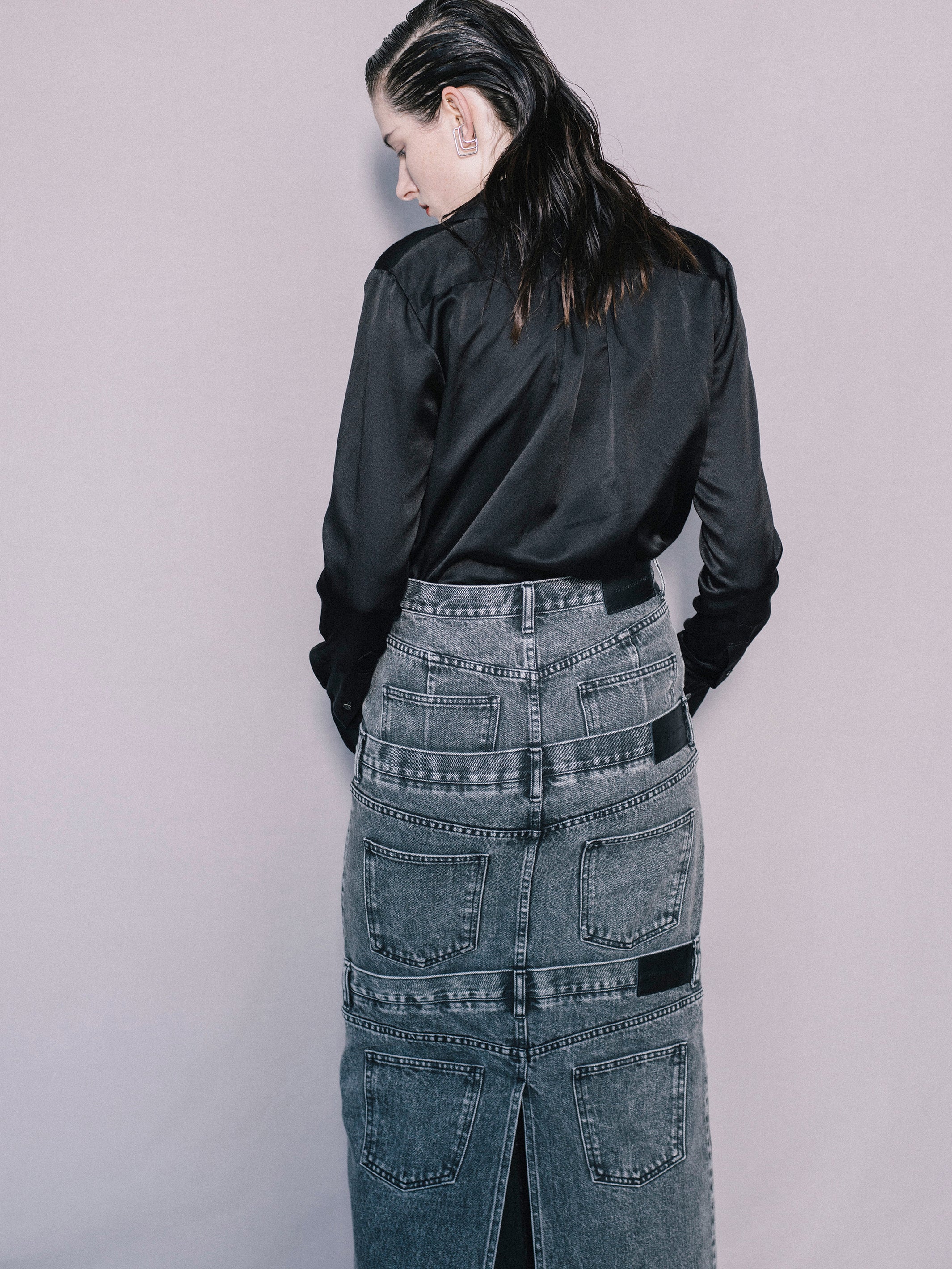 WASHED DENIM STACKED SKIRT