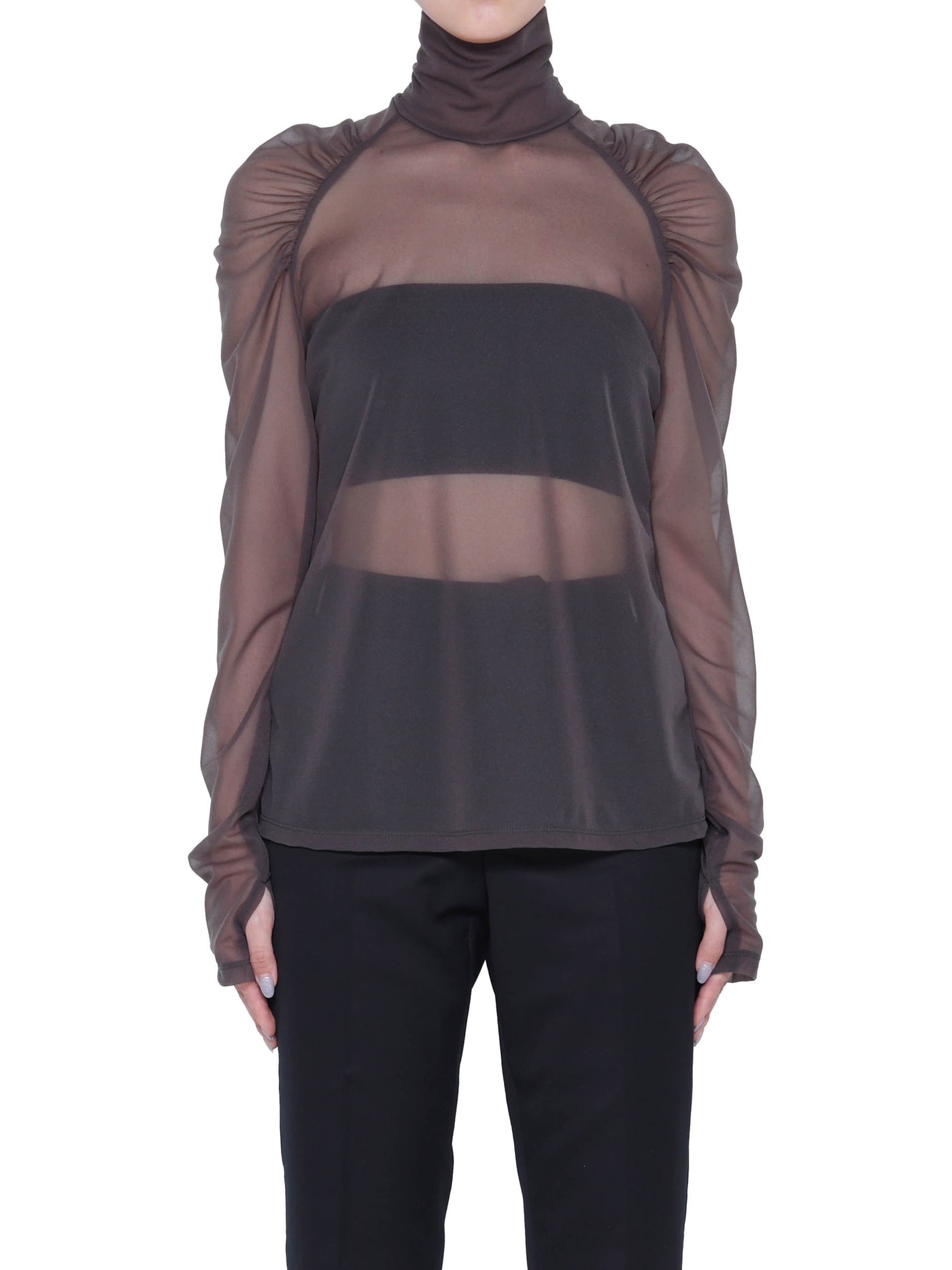 See-through jersey gahtered sleeve hi-neck top