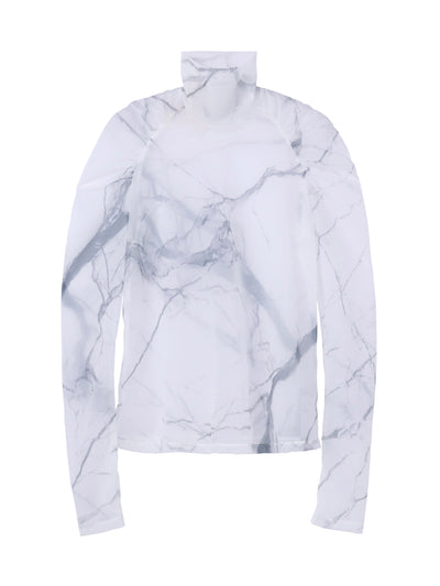 All over print see-through gathered sleeve hi-neck top