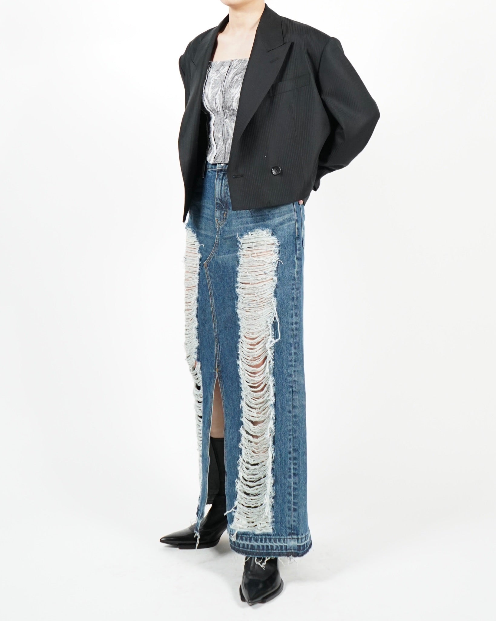 WASHED DENIM RIPPED LONG SKIRT