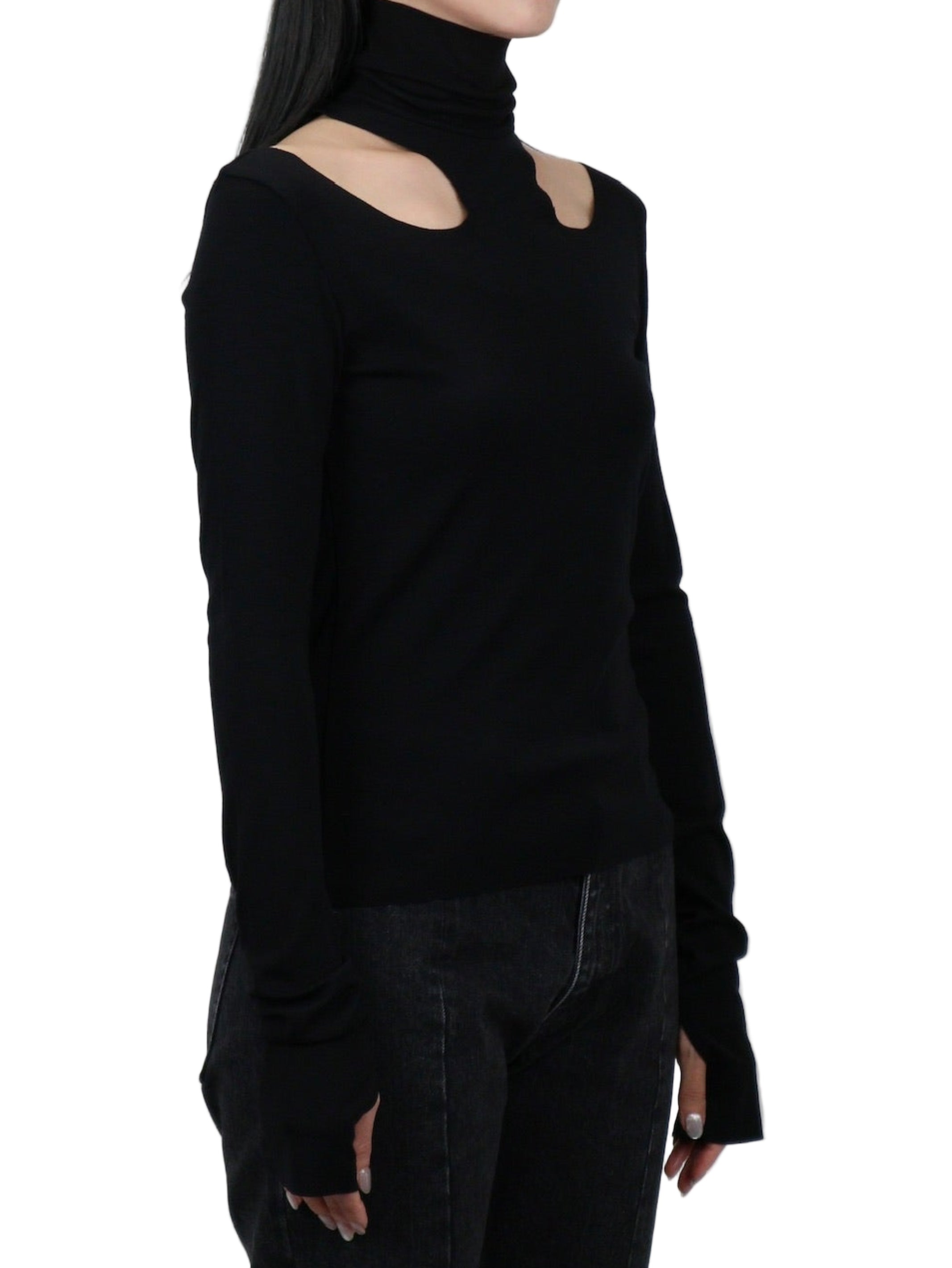 WOOL RIB HOLLOWED OUT TURTLE NECK TOP
