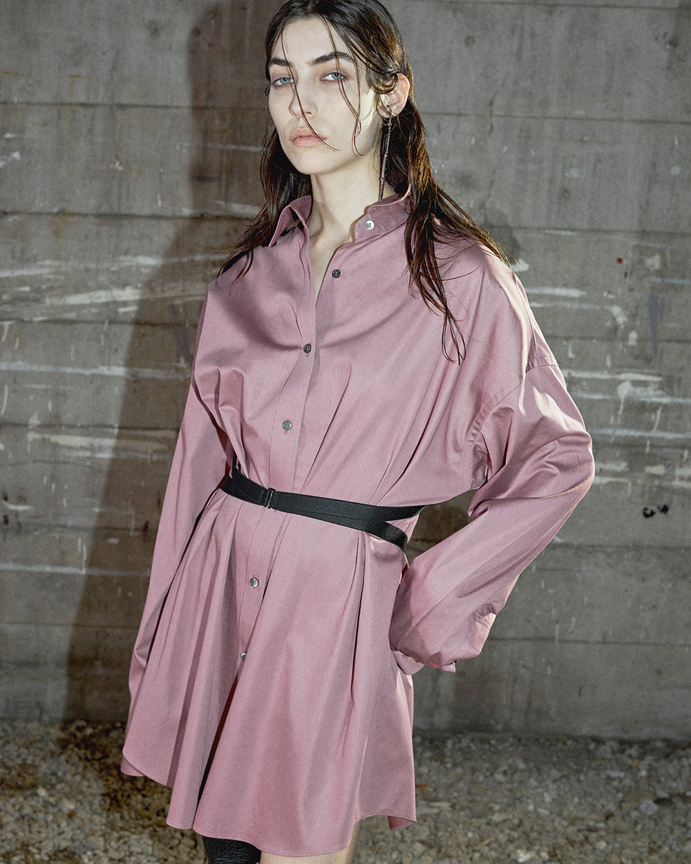 COTTON SATIN OVERSIZED BELTED SHIRT