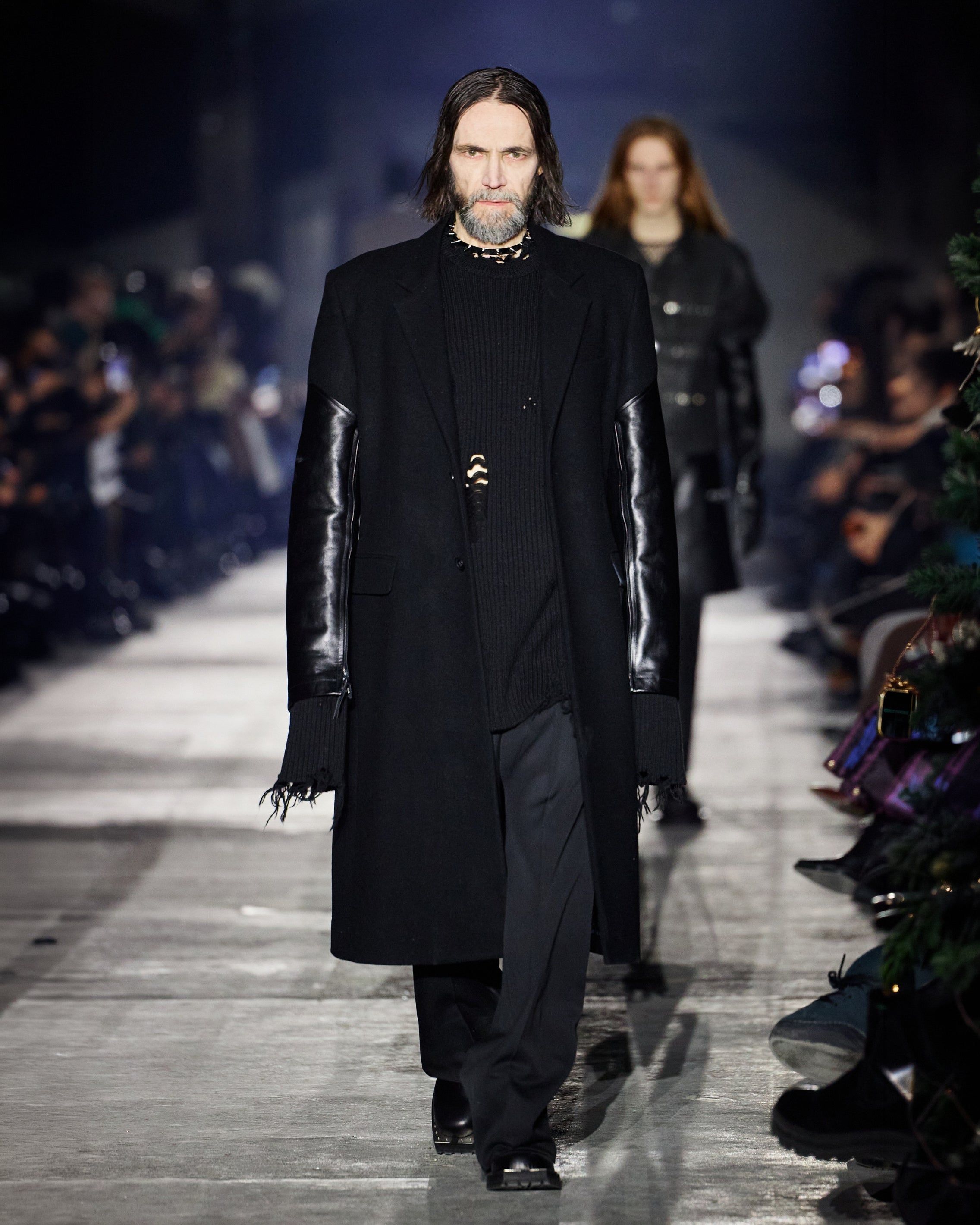 MELTON LEATHER SLEEVE DOUBLE BREASTED CHESTERFIELD COAT