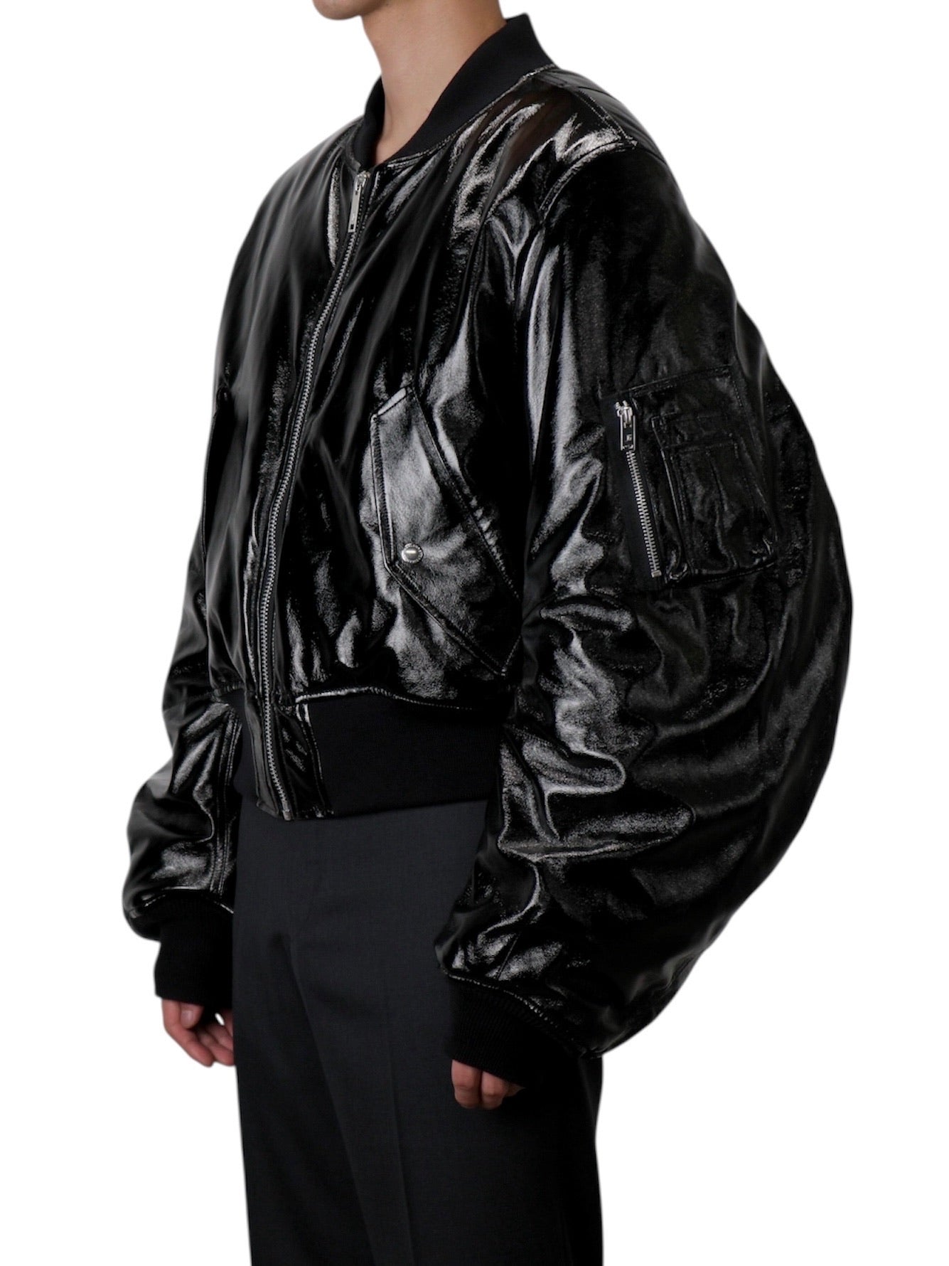PATENT MASSIVE ROUNDED SLEEVE BOMBER JACKET