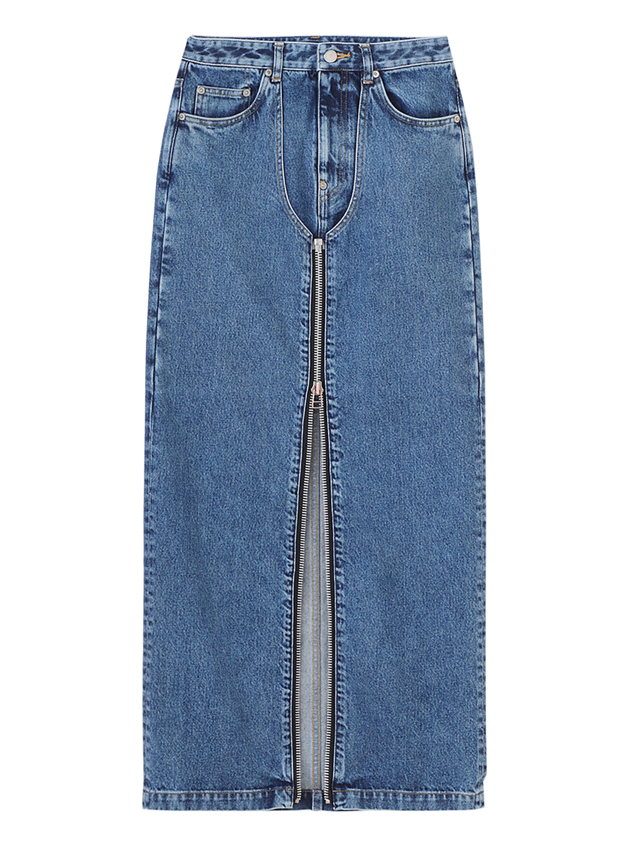 WASHED DENIM ZIPPED LONG SKIRT