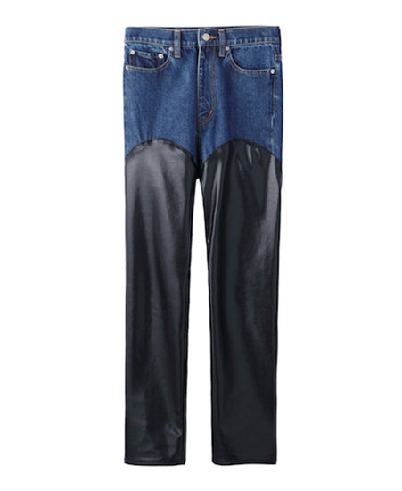 WOMENS DENIM & VEGAN LEATHER BI-COLOR PANTS