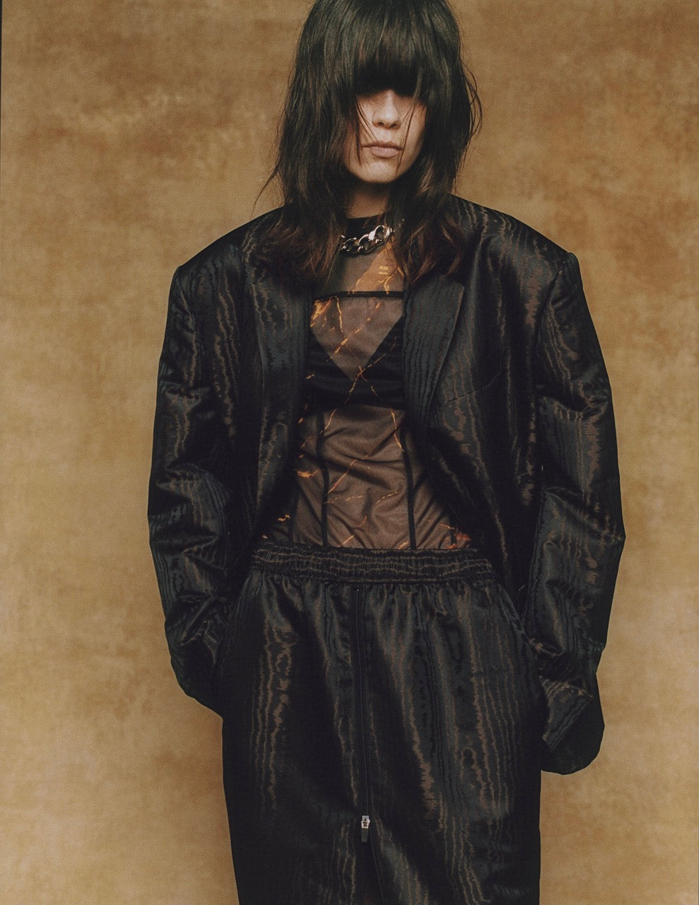 MOIRE JACQUARD OVERSIZED JACKET | BROWN