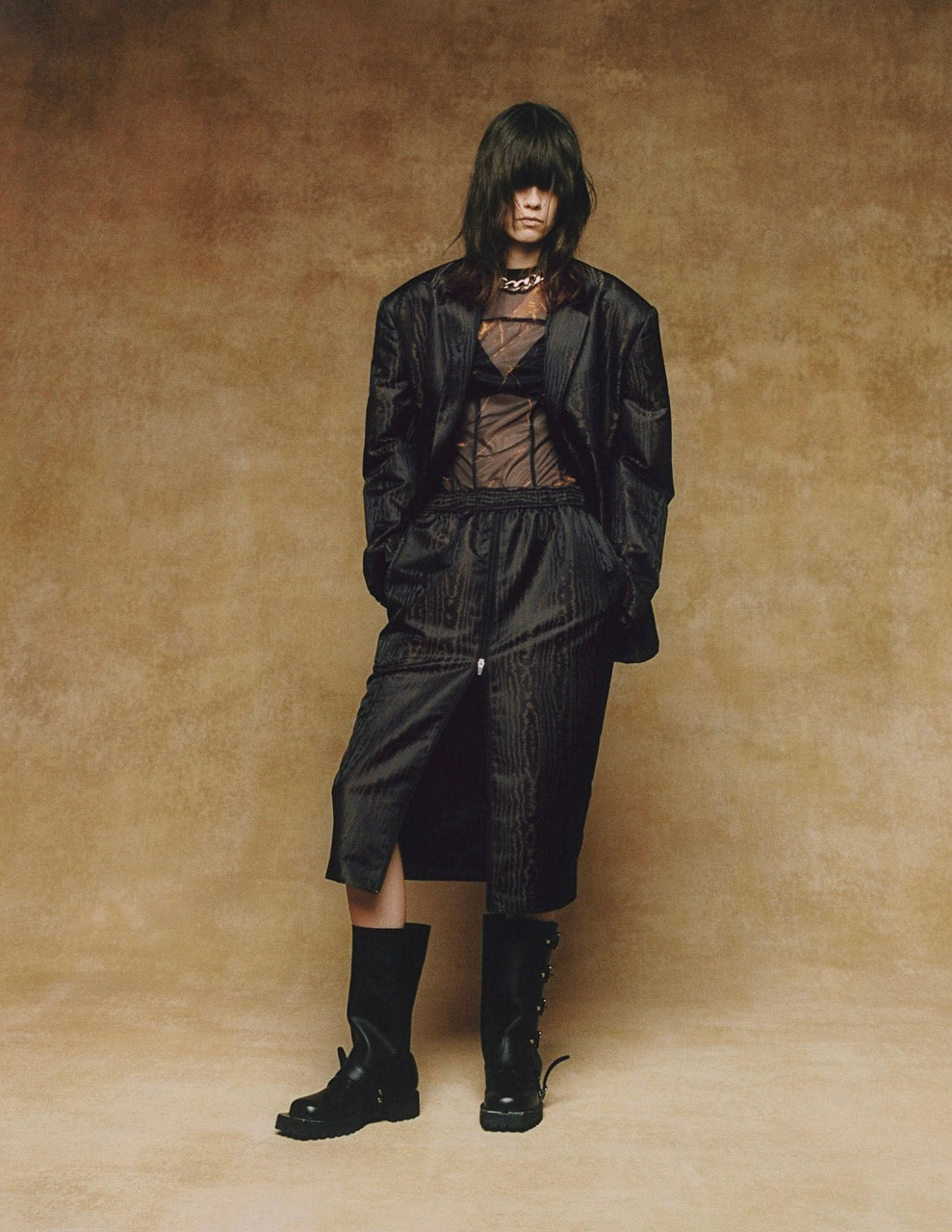 MOIRE JACQUARD OVERSIZED JACKET | BROWN