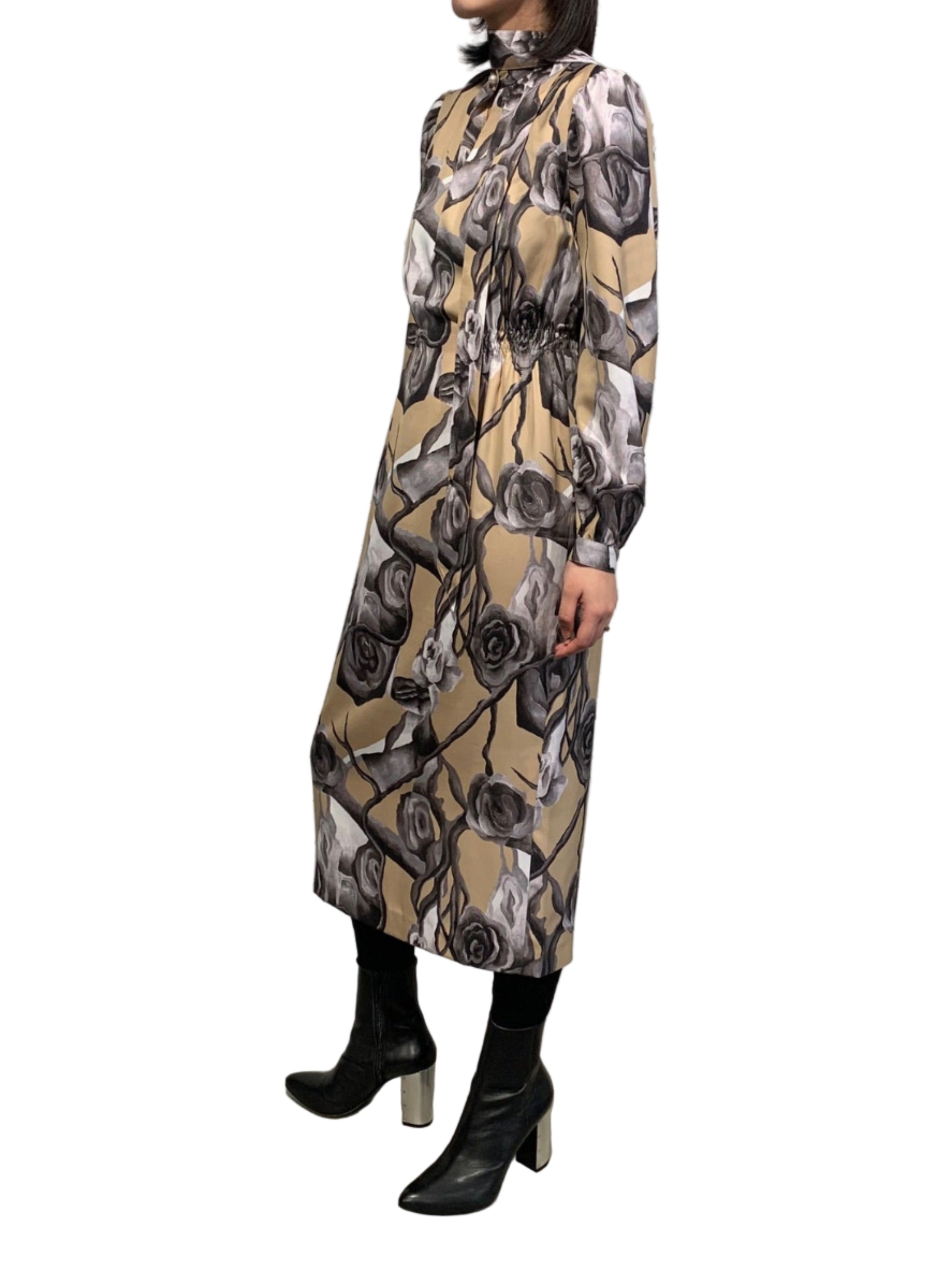 PRINTED HI-NECK DRESS WITH SCARF