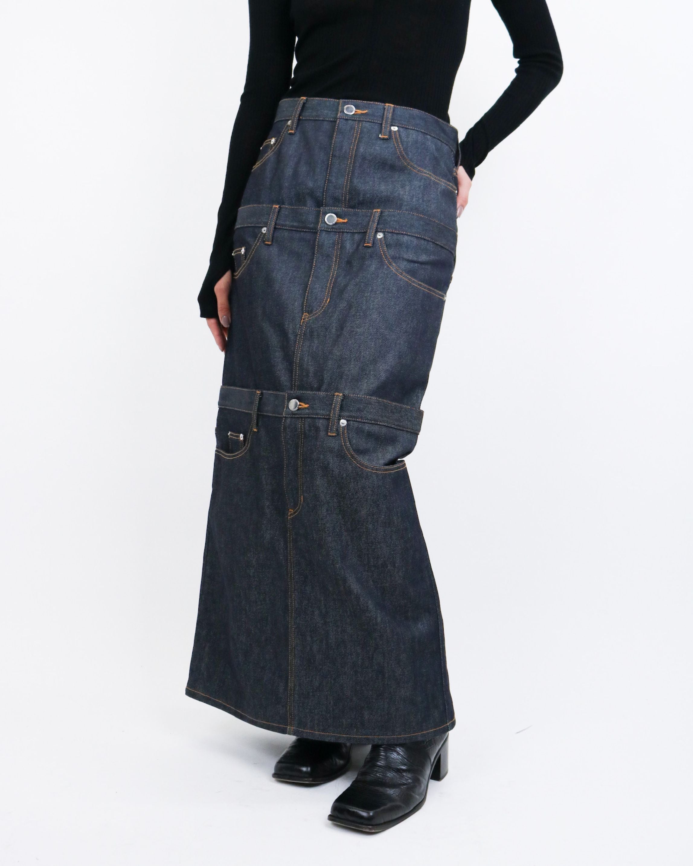 RIGID DENIM STACKED SKIRT | INDIGO