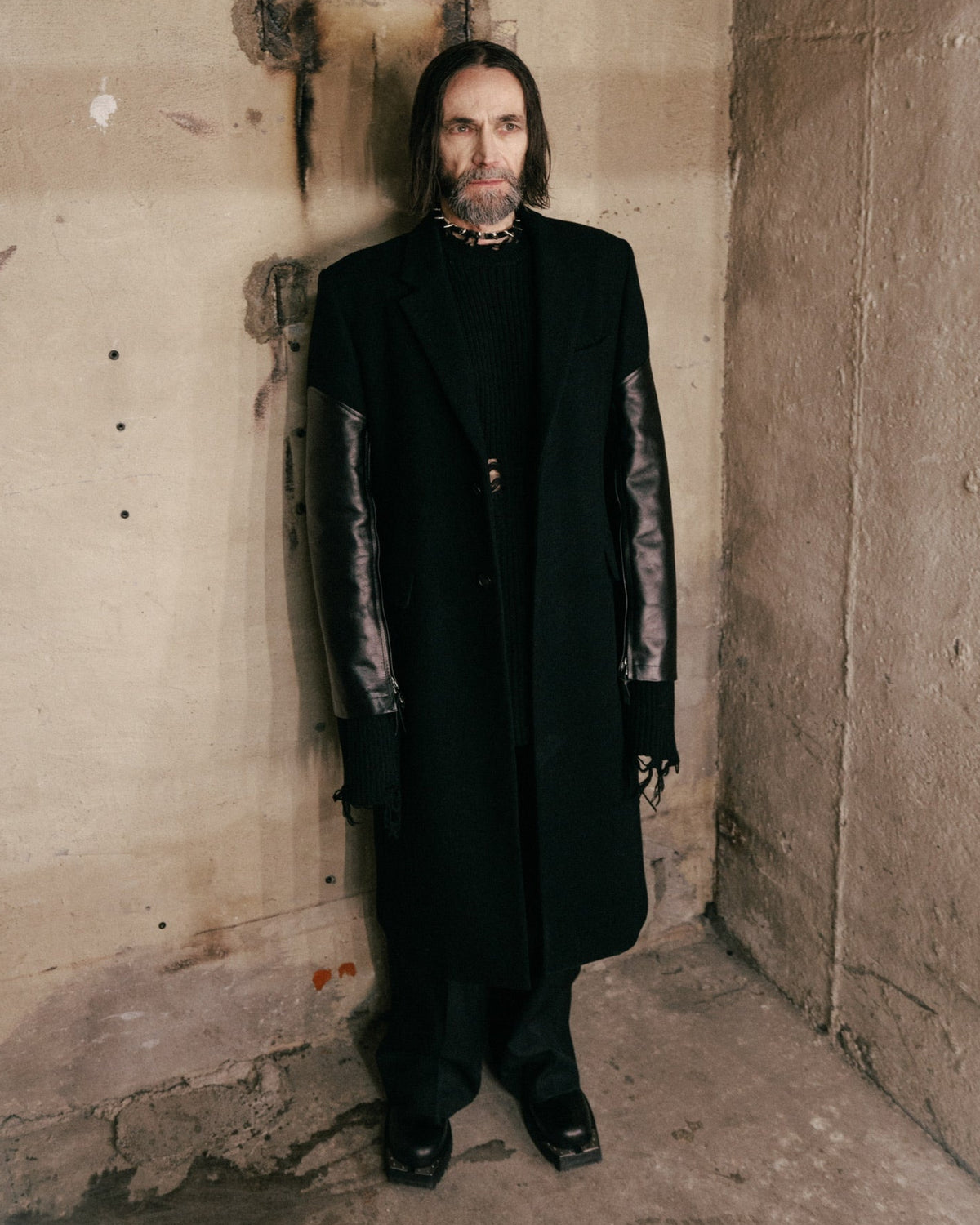 MELTON LEATHER SLEEVE DOUBLE BREASTED CHESTERFIELD COAT