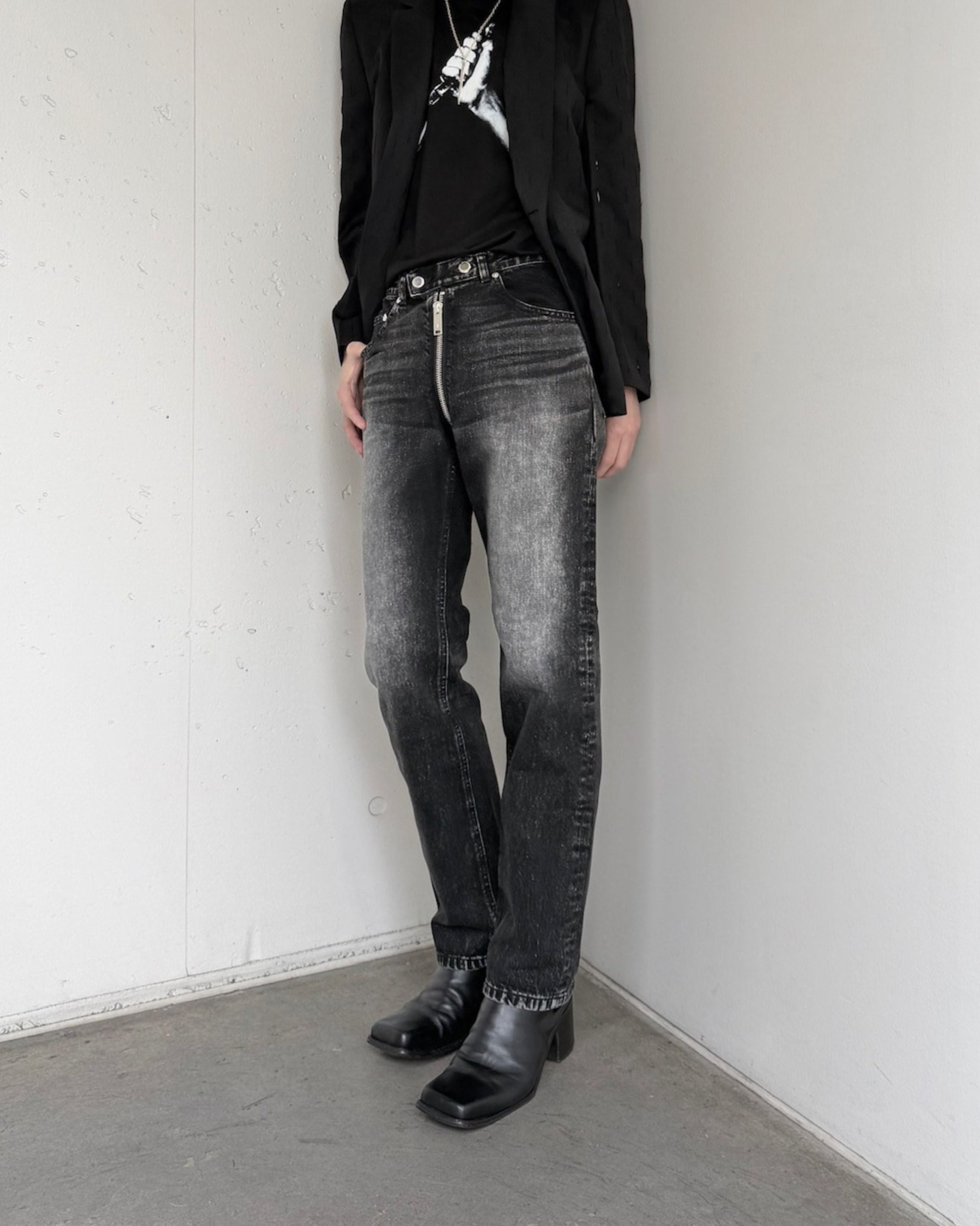 WASHED DENIM WRAPAROUND ZIP PANTS