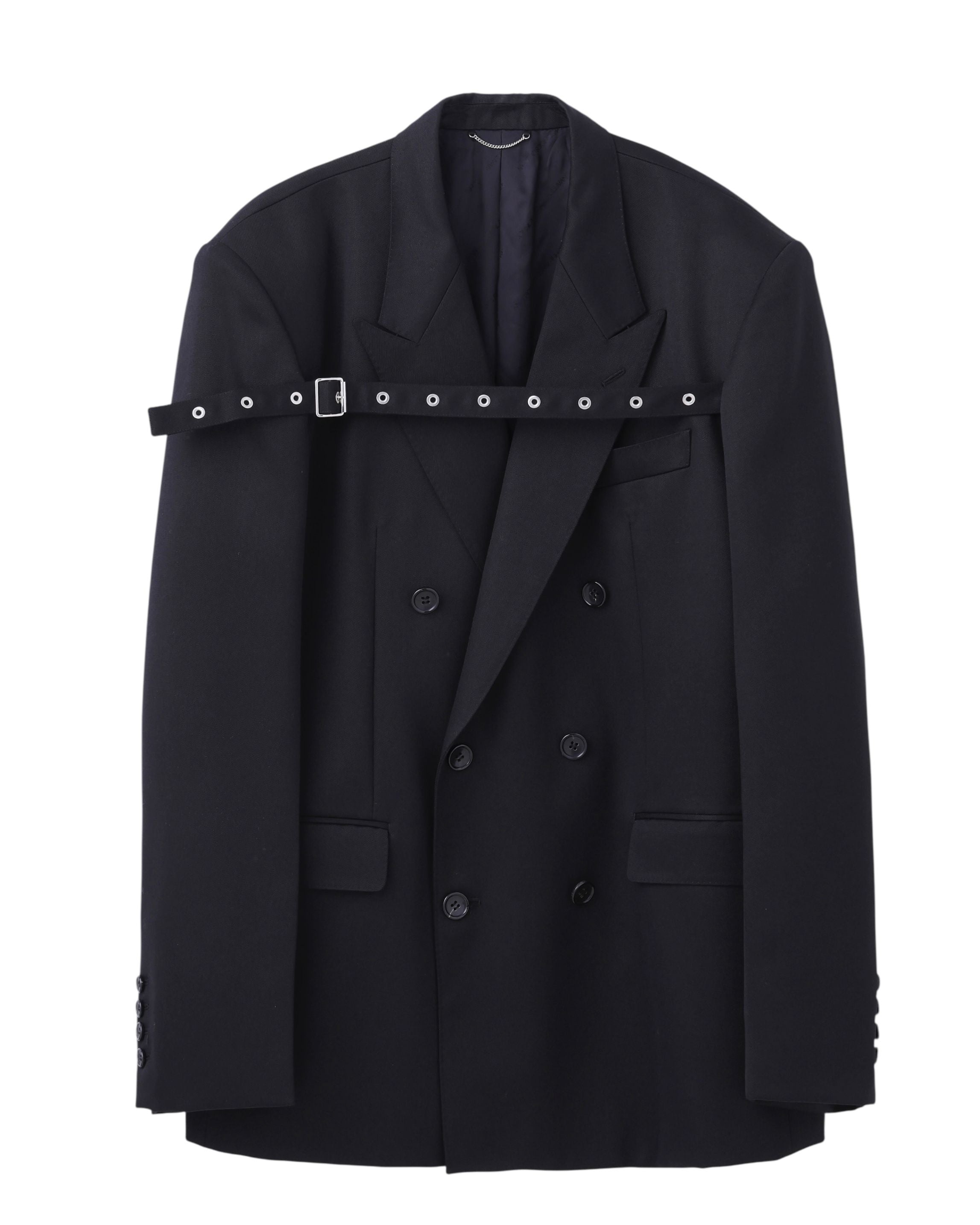 WOOL GABARDINE FRONT STRAP DOUBLE BREASTED JACKET