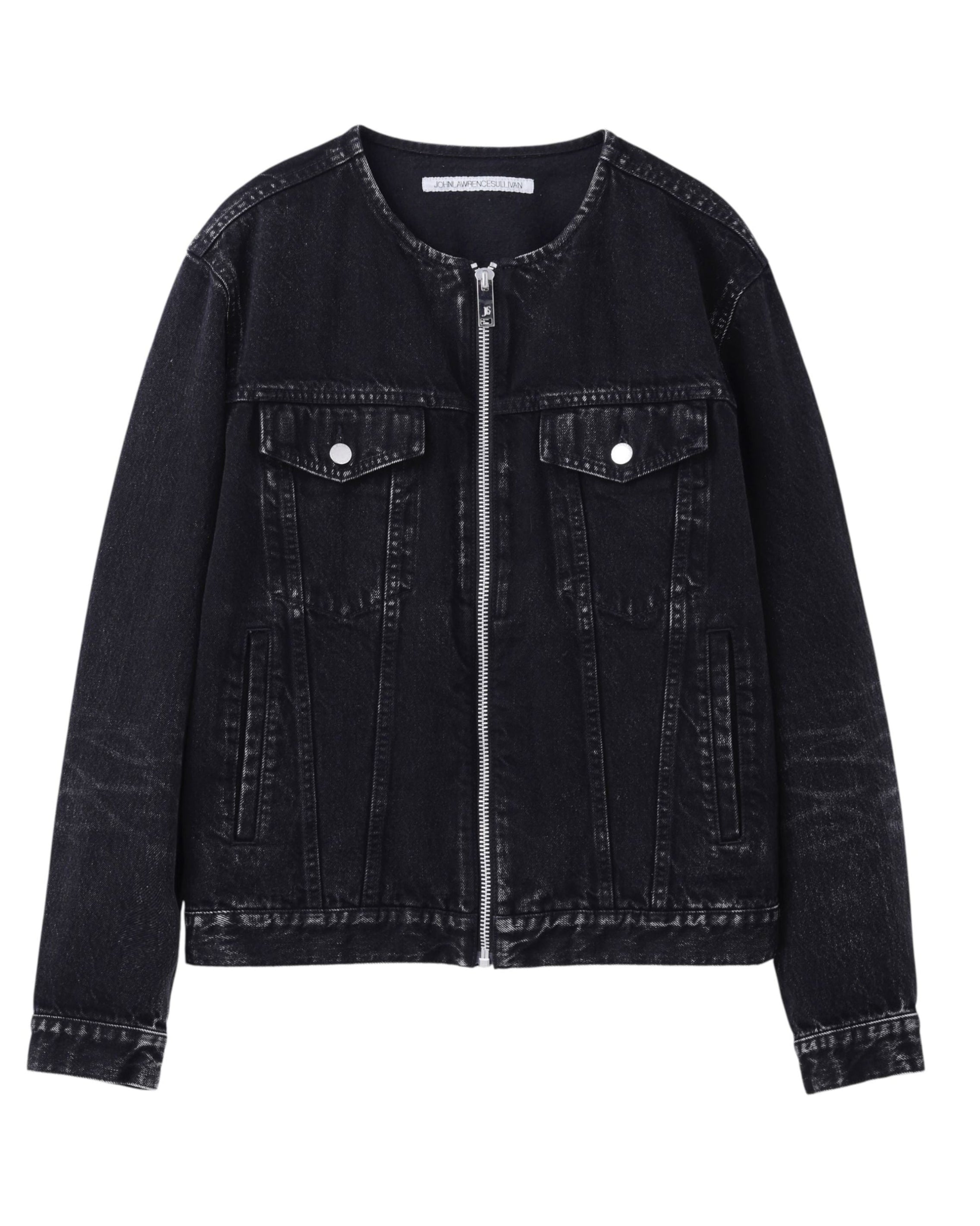 WASHED DENIM COLLARLESS JACKET