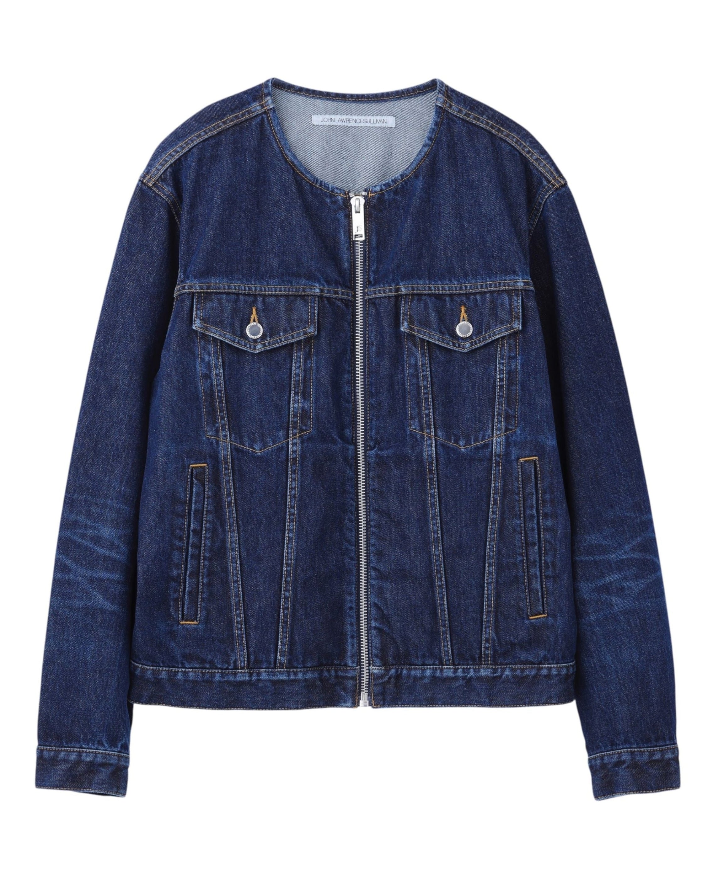 WASHED DENIM COLLARLESS JACKET