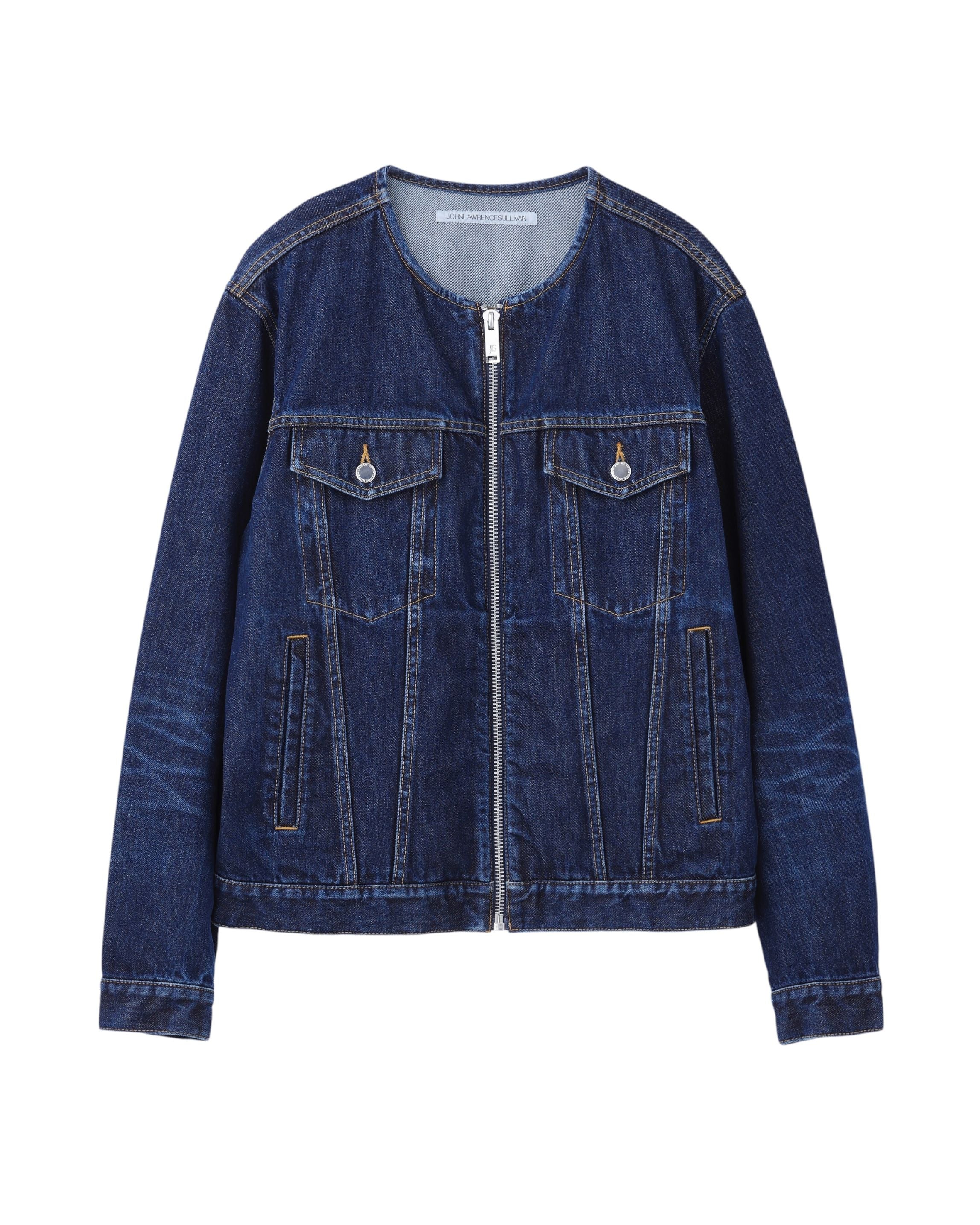 WASHED DENIM COLLARLESS JACKET