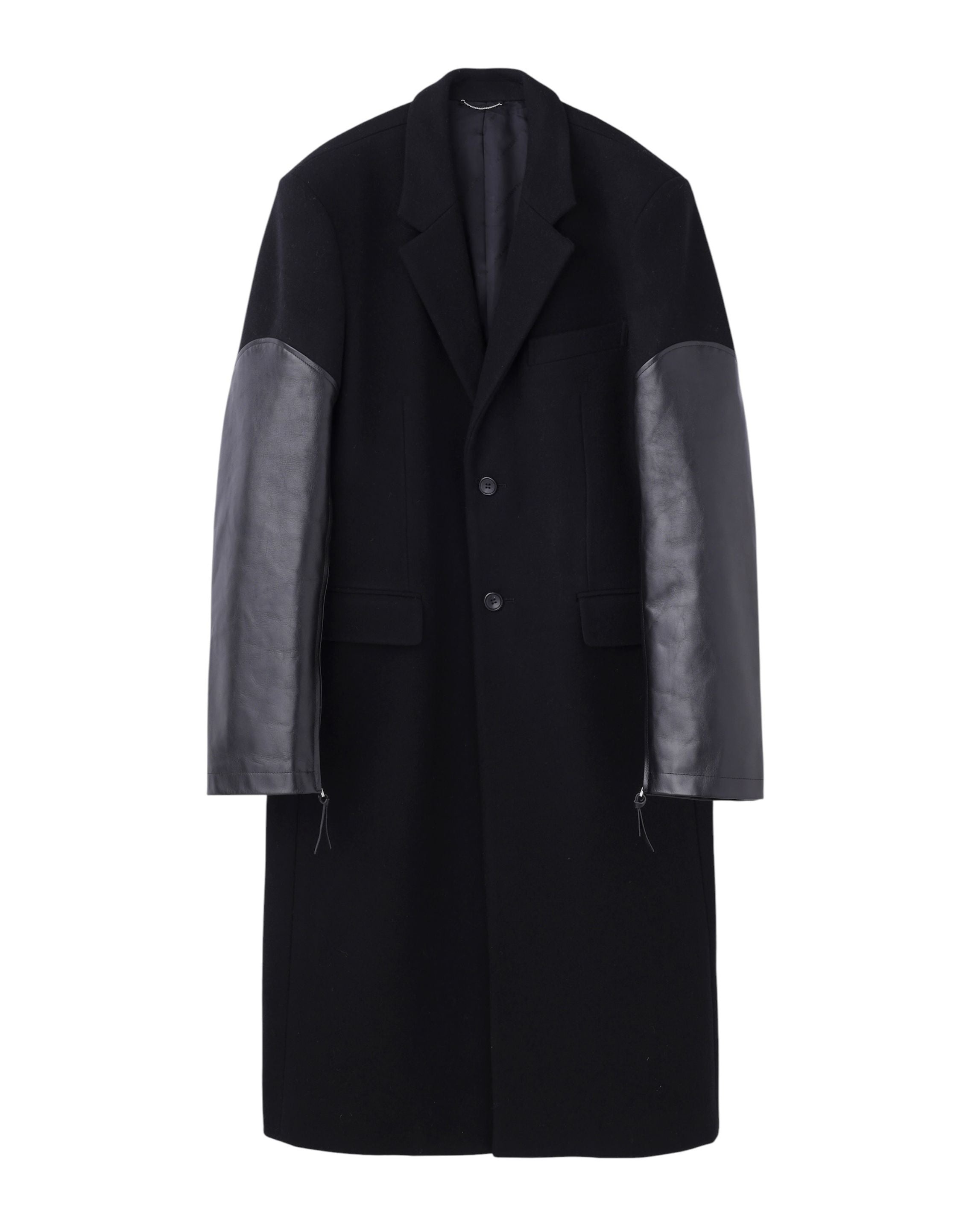 MELTON LEATHER SLEEVE DOUBLE BREASTED CHESTERFIELD COAT