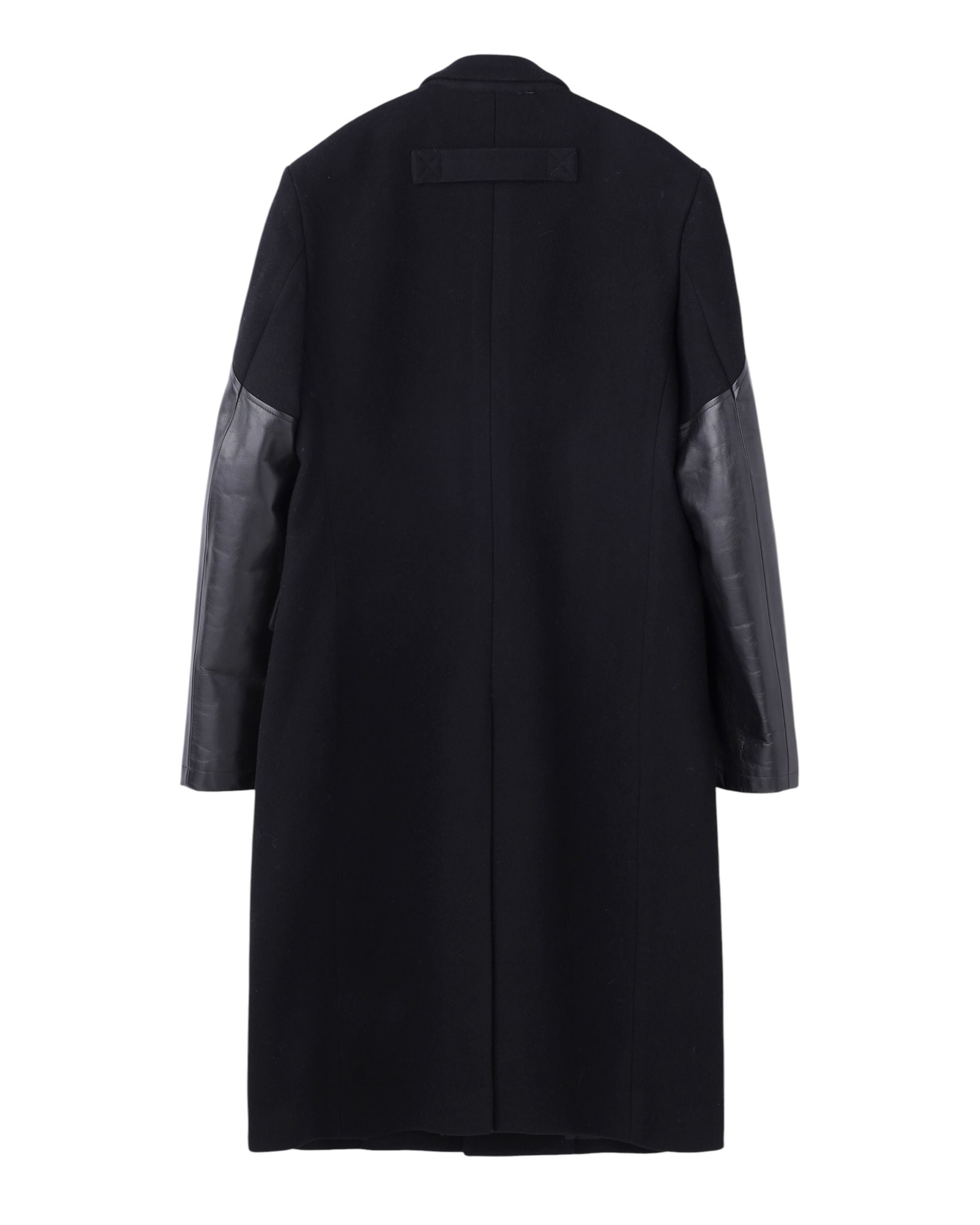 MELTON LEATHER SLEEVE DOUBLE BREASTED CHESTERFIELD COAT