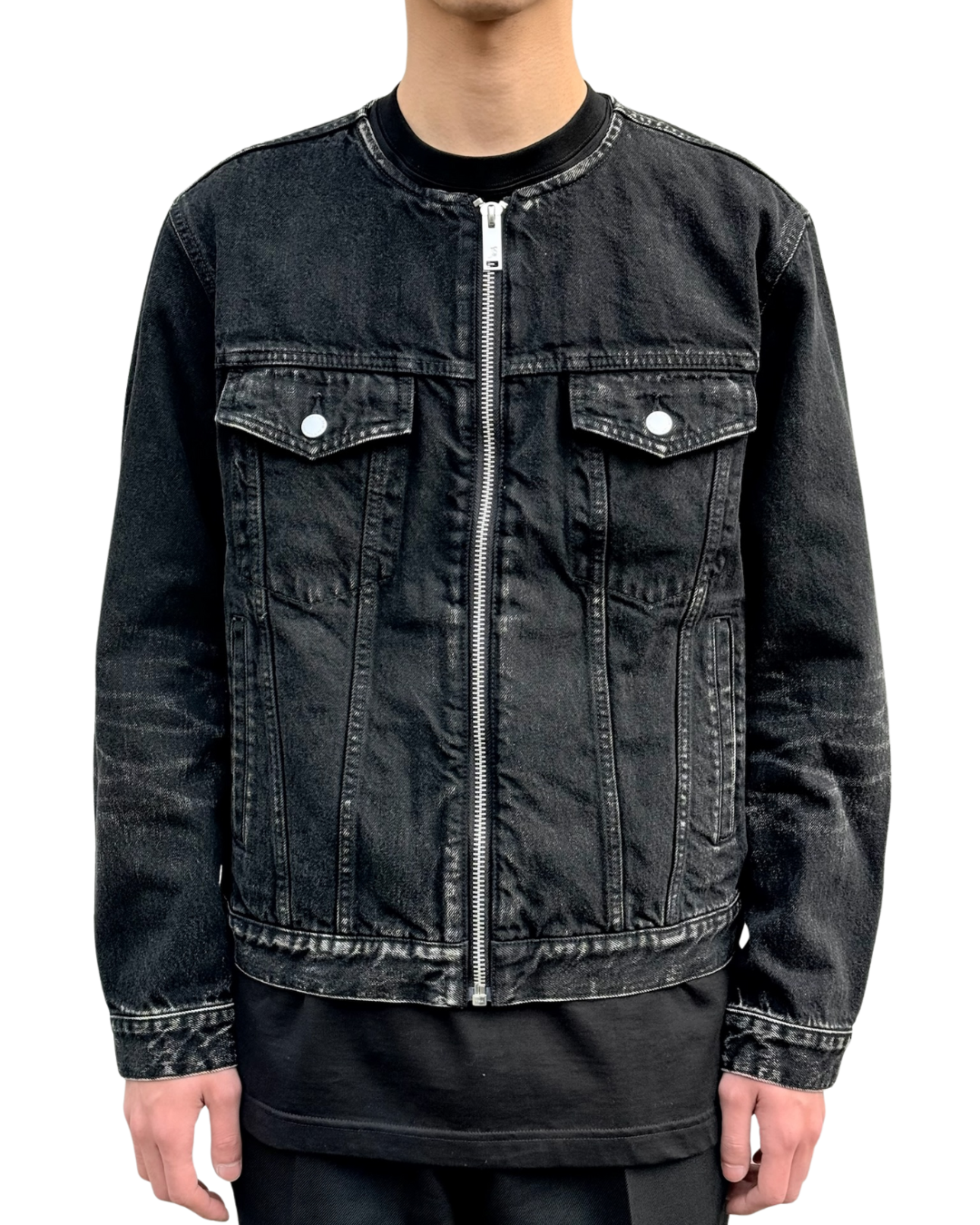 WASHED DENIM COLLARLESS JACKET