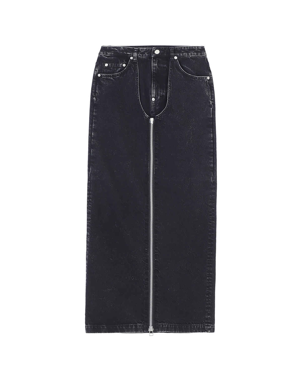 WASHED DENIM ZIPPED LONG SKIRT
