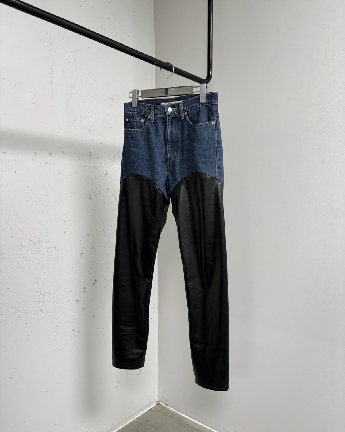 Womens Denim & Vegan Leather Bi-Color Pants