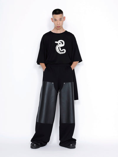 Sweat Wide Pants with Leather Patch