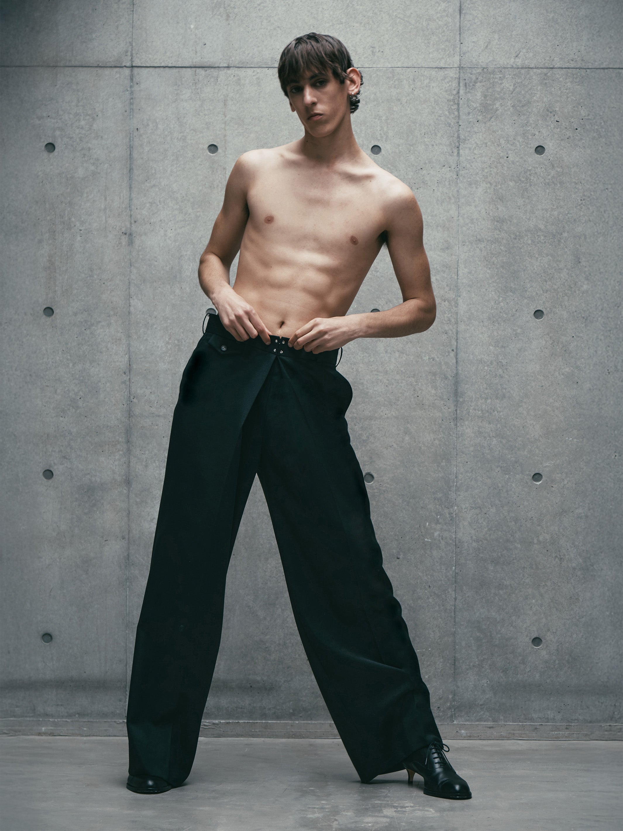 WOOL GABARDINE FOLDED WIDE TROUSERS