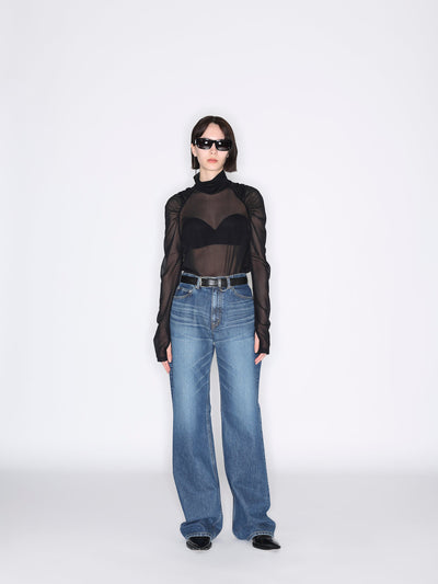 See-through jersey gahtered sleeve hi-neck top