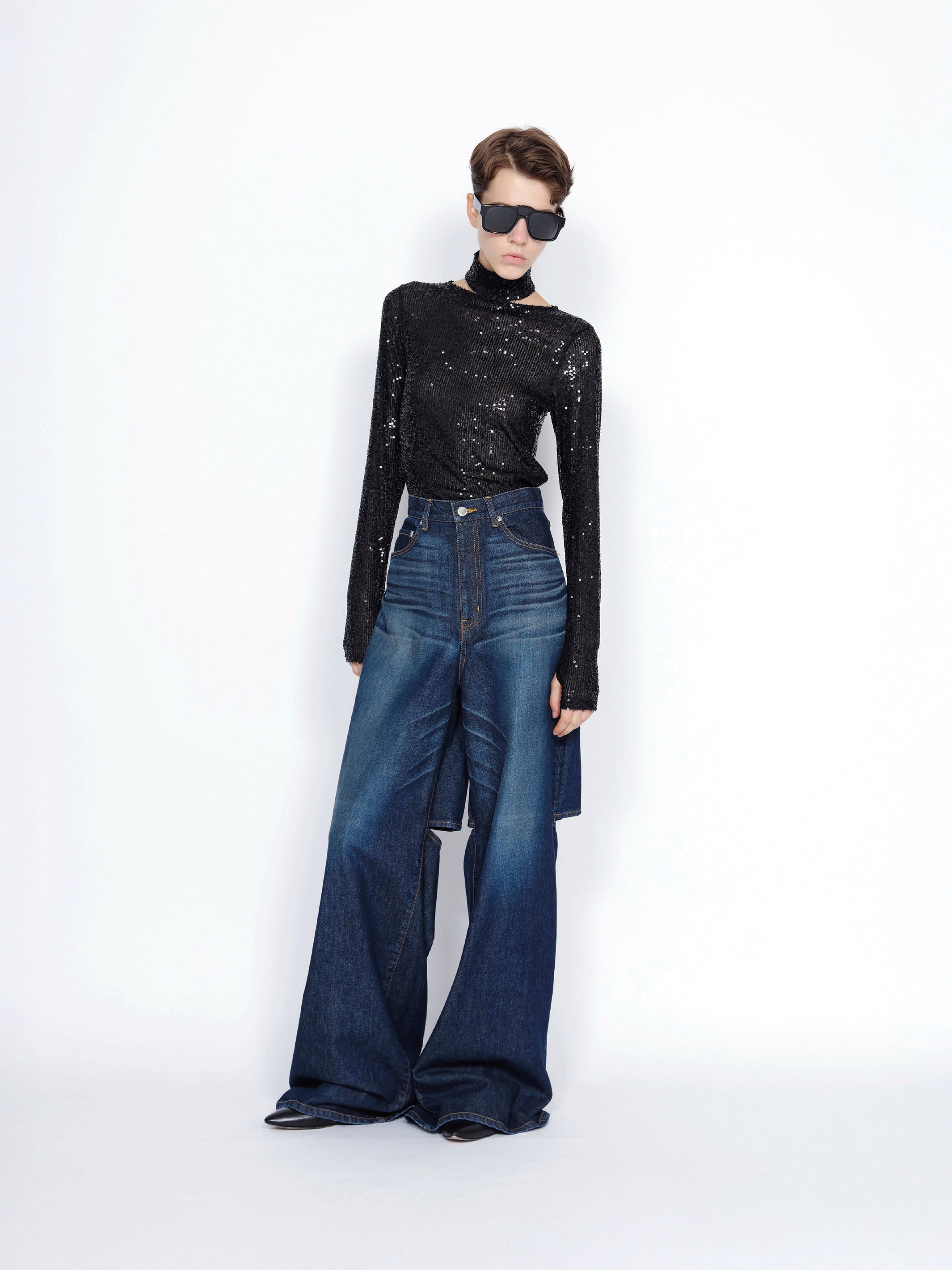 WASHED DENIM CUT OUT WIDE PANTS