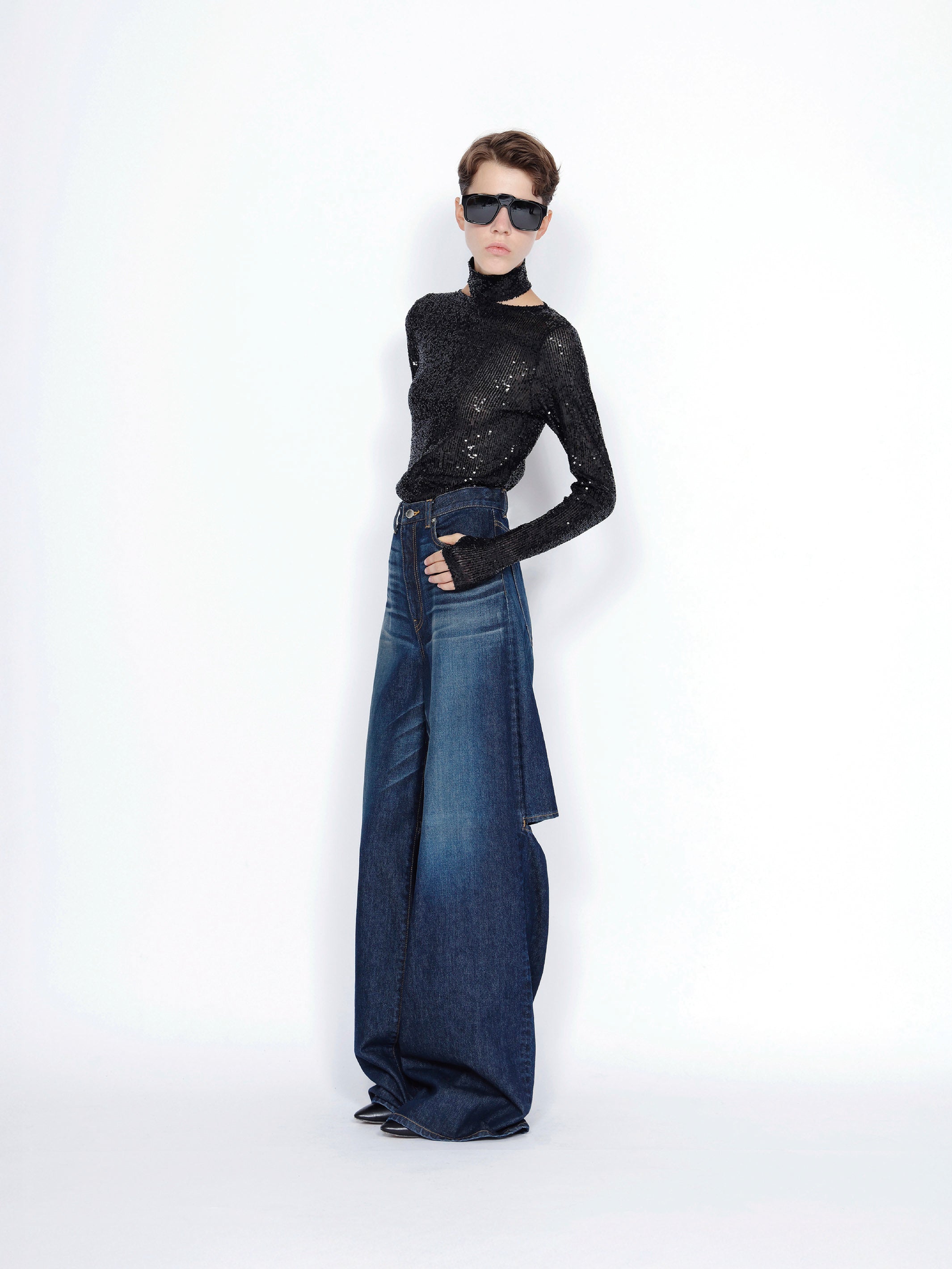 WASHED DENIM CUT OUT WIDE PANTS