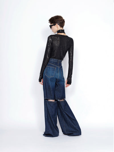 Washed Denim Cut Out Wide Pants