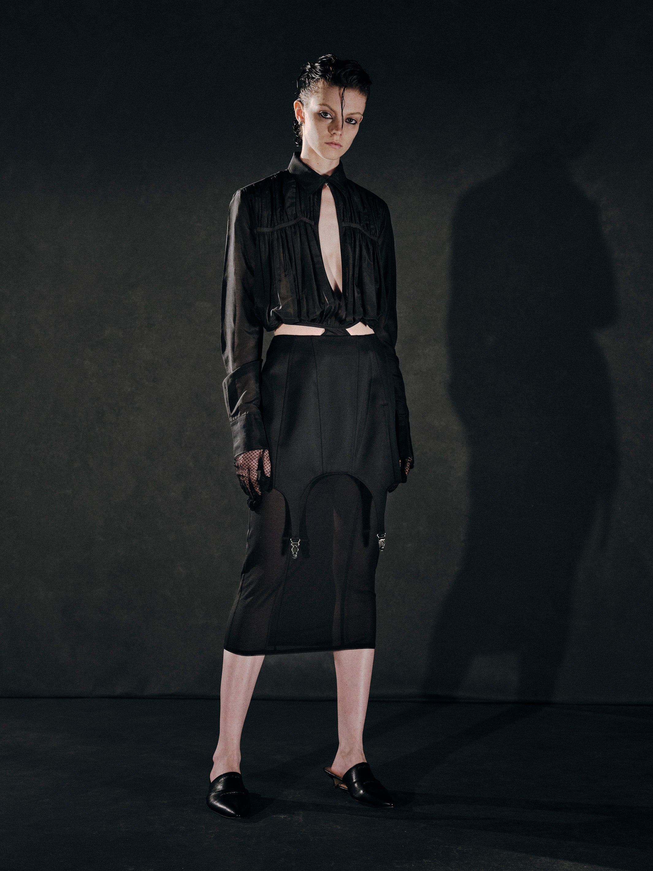 WOOL GABARDINE LAYERED SKIRT WITH GARTER BELT