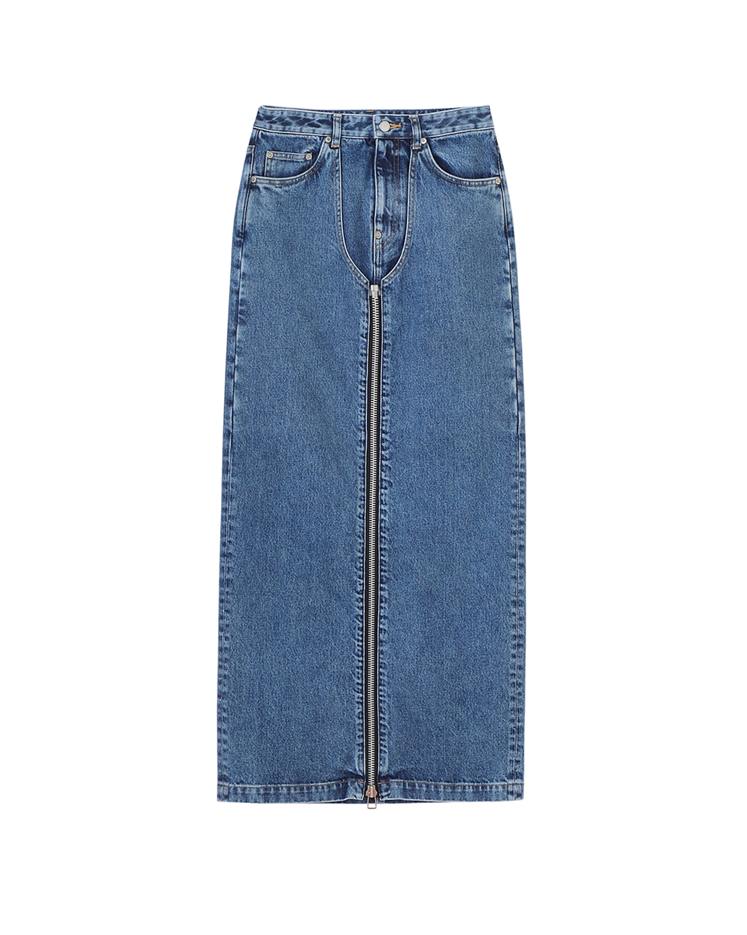WASHED DENIM ZIPPED LONG SKIRT