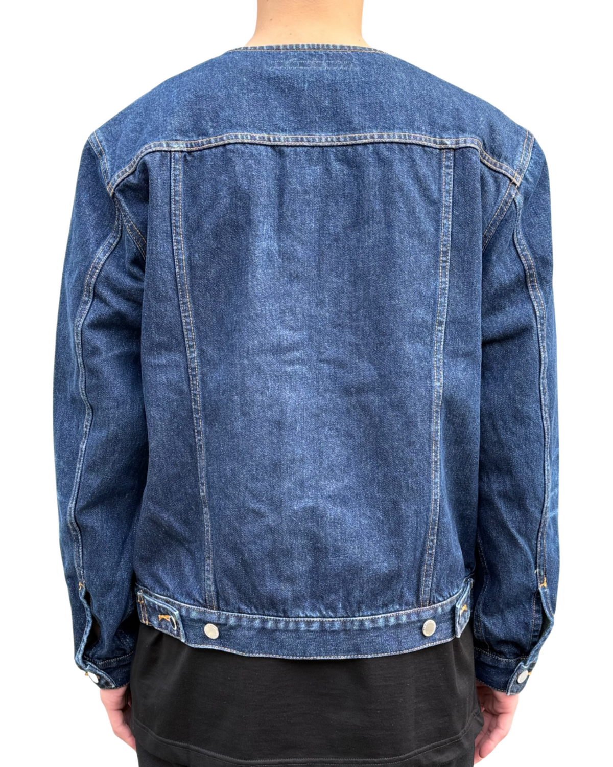 WASHED DENIM COLLARLESS JACKET WASHED DENIM COLLARLESS JACKET