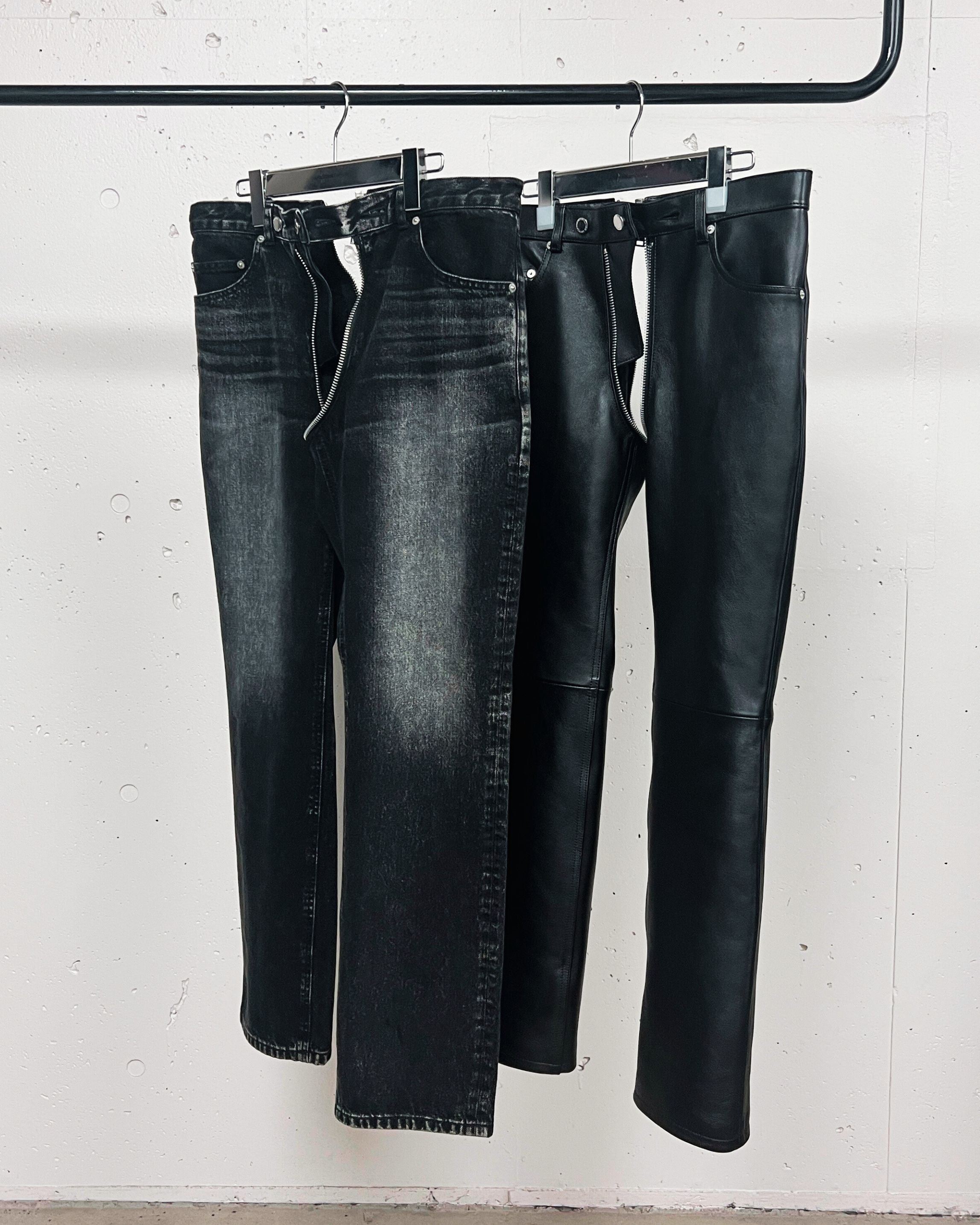 WASHED DENIM WRAPAROUND ZIP PANTS