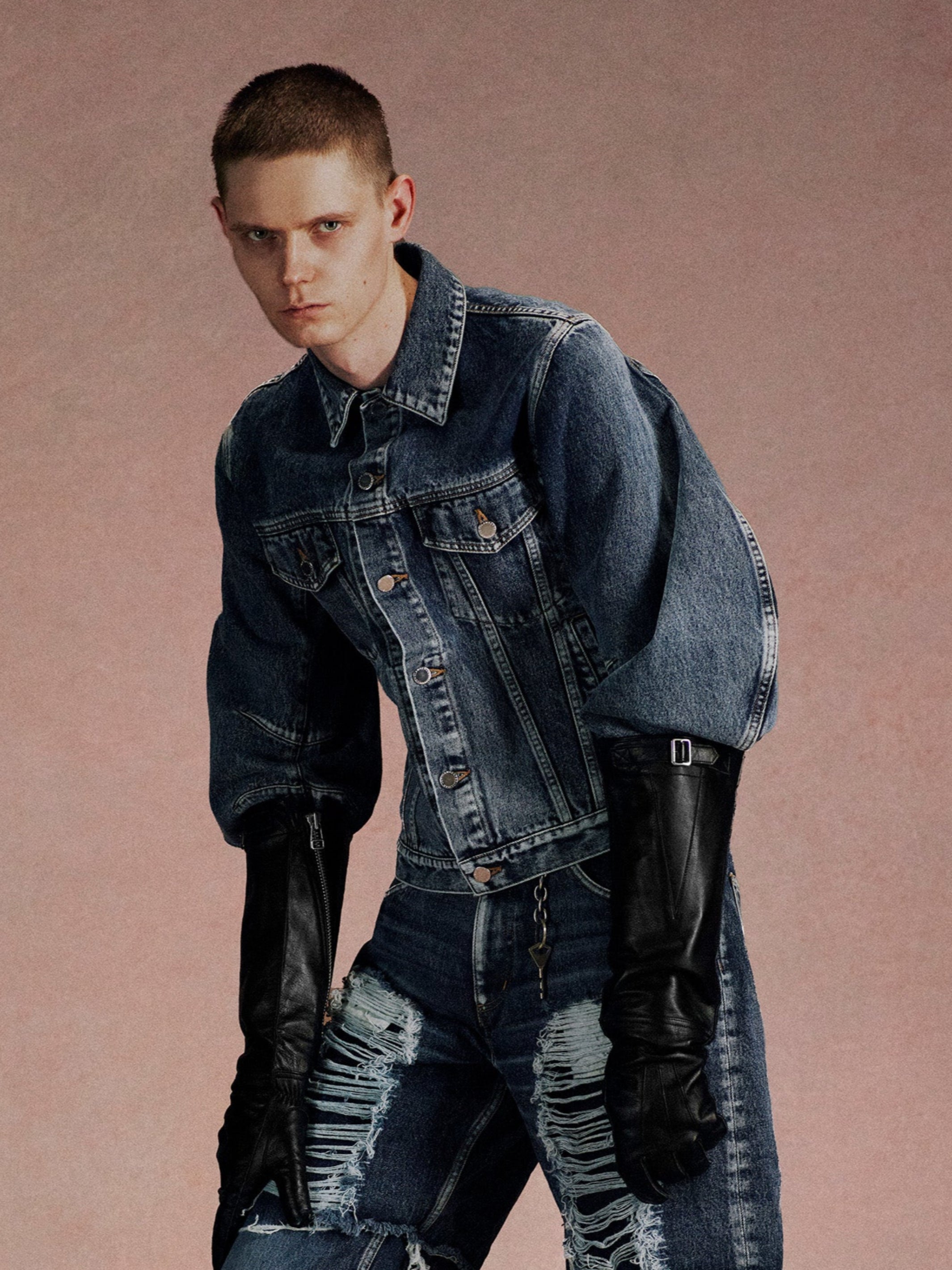 WASHED DENIM MASSIVE ROUNDED SLEEVE JACKET
