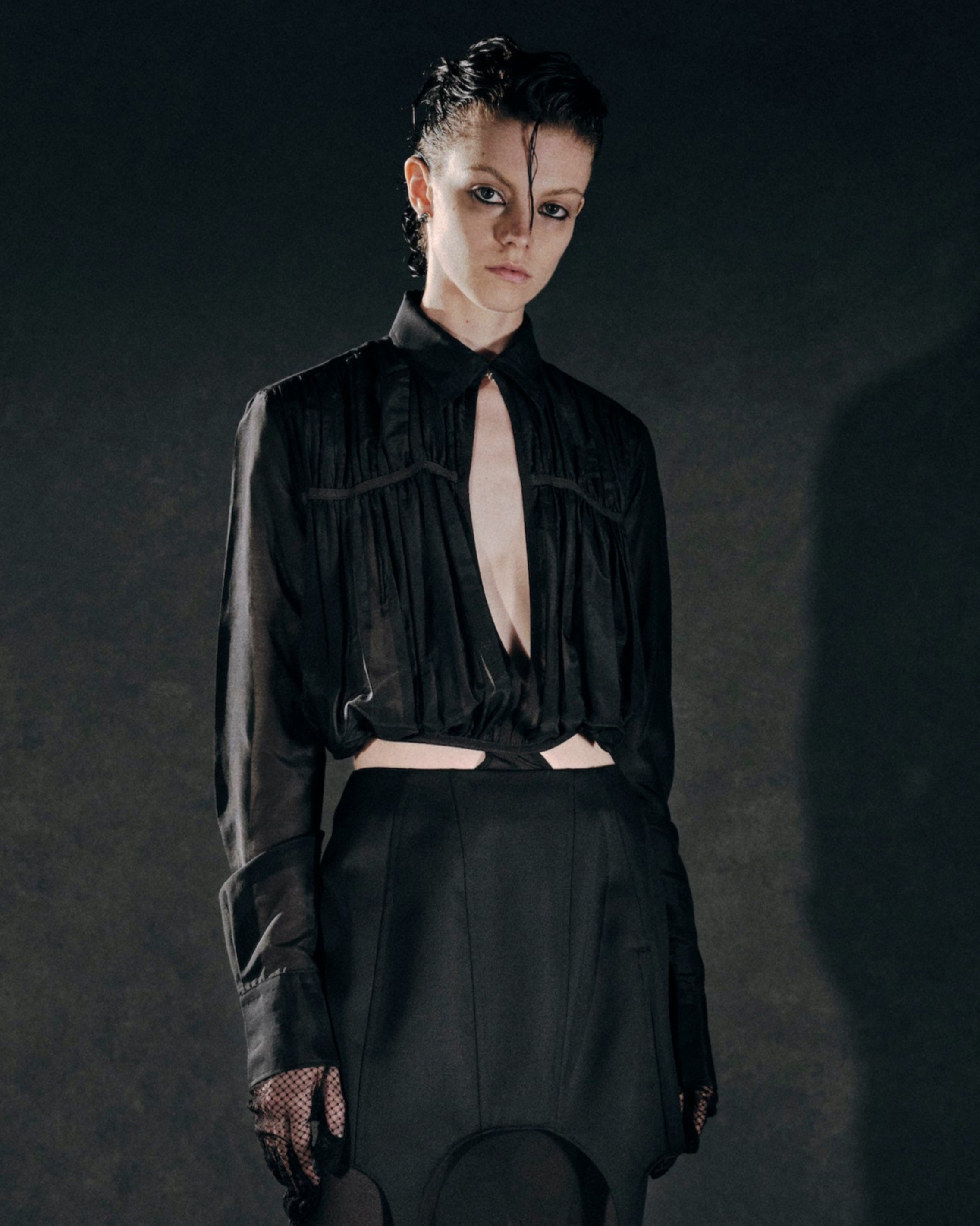 VOILE BODY SUIT GATHERED SHIRT