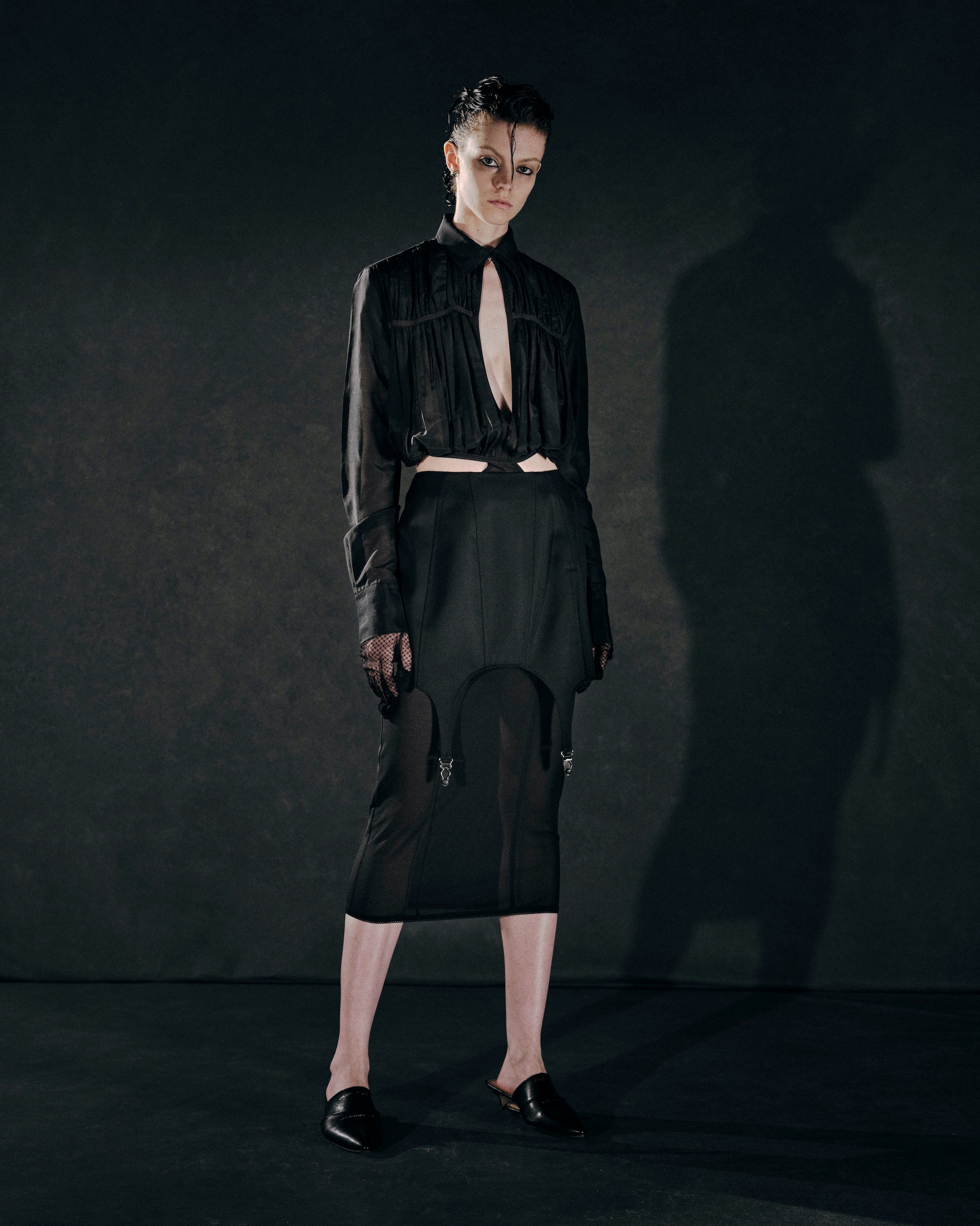 VOILE BODY SUIT GATHERED SHIRT