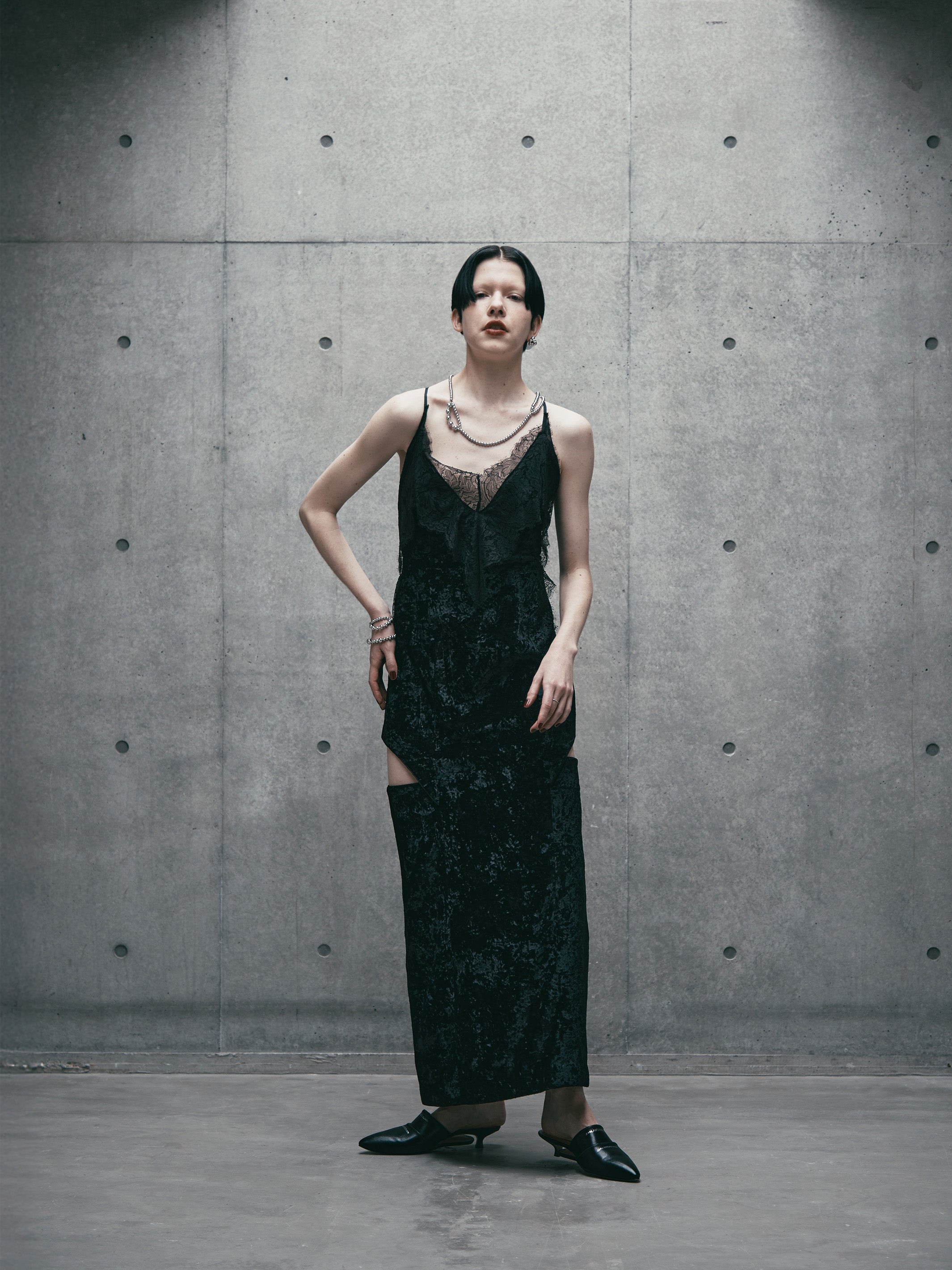 CRUSHED VELVET PENTAGON SLIP DRESS
