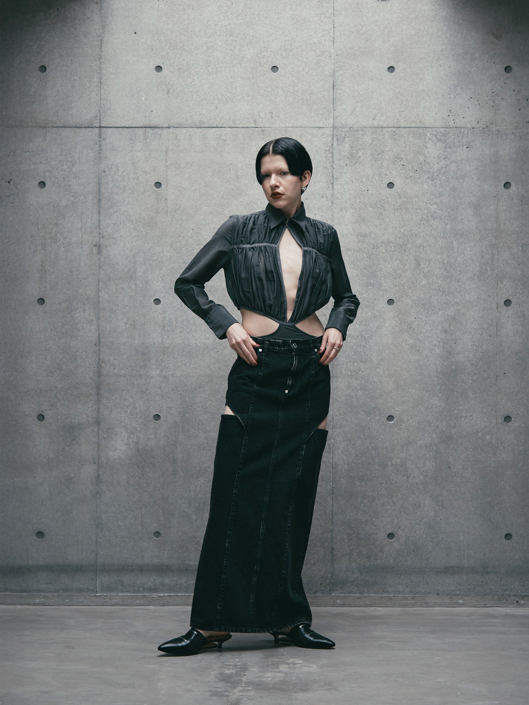 VOILE BODY SUIT GATHERED SHIRT